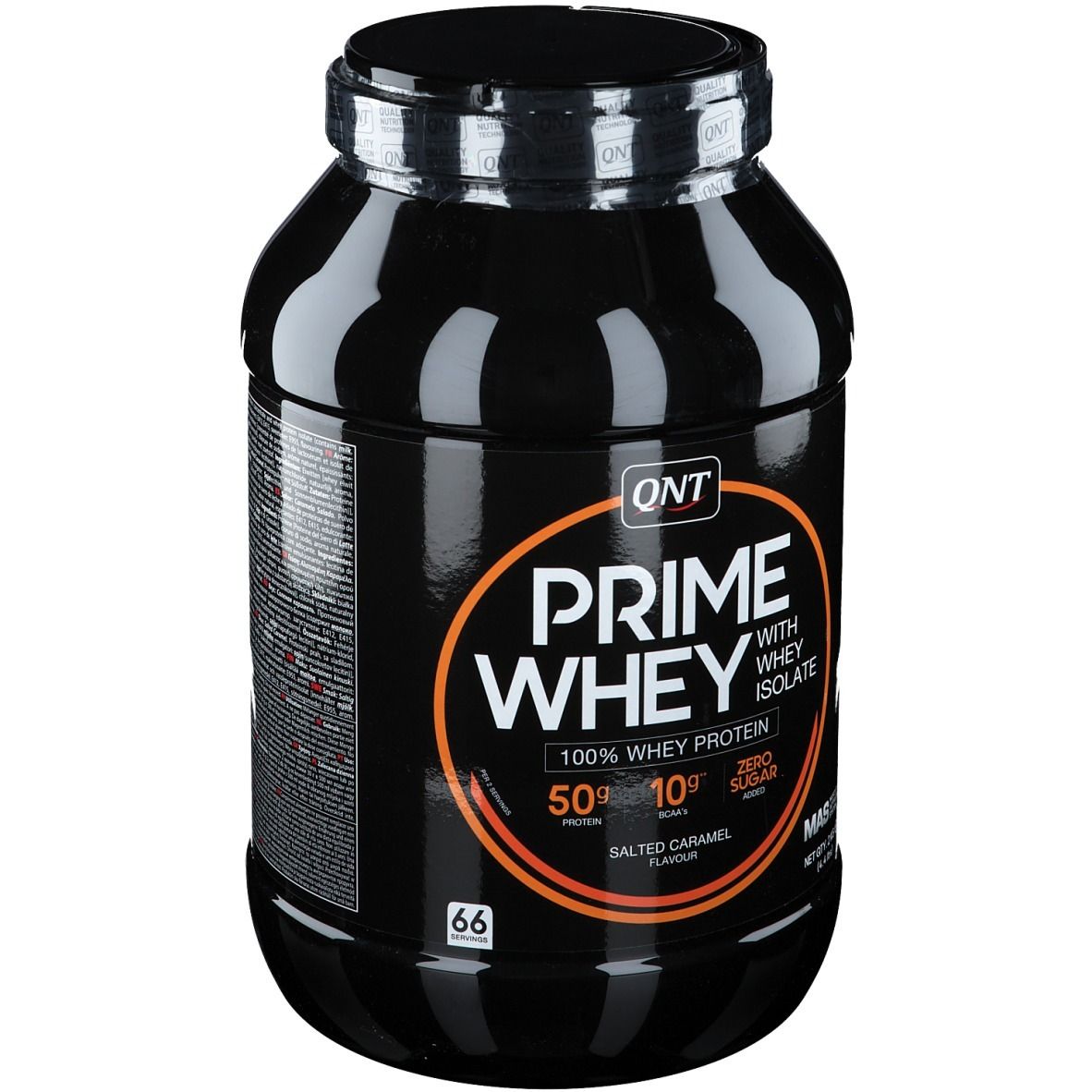Pot noir QNT Prime Whey. Inscription : Prime Whey, 100% protéine de lactosérum, Salted Caramel. 66 portions.