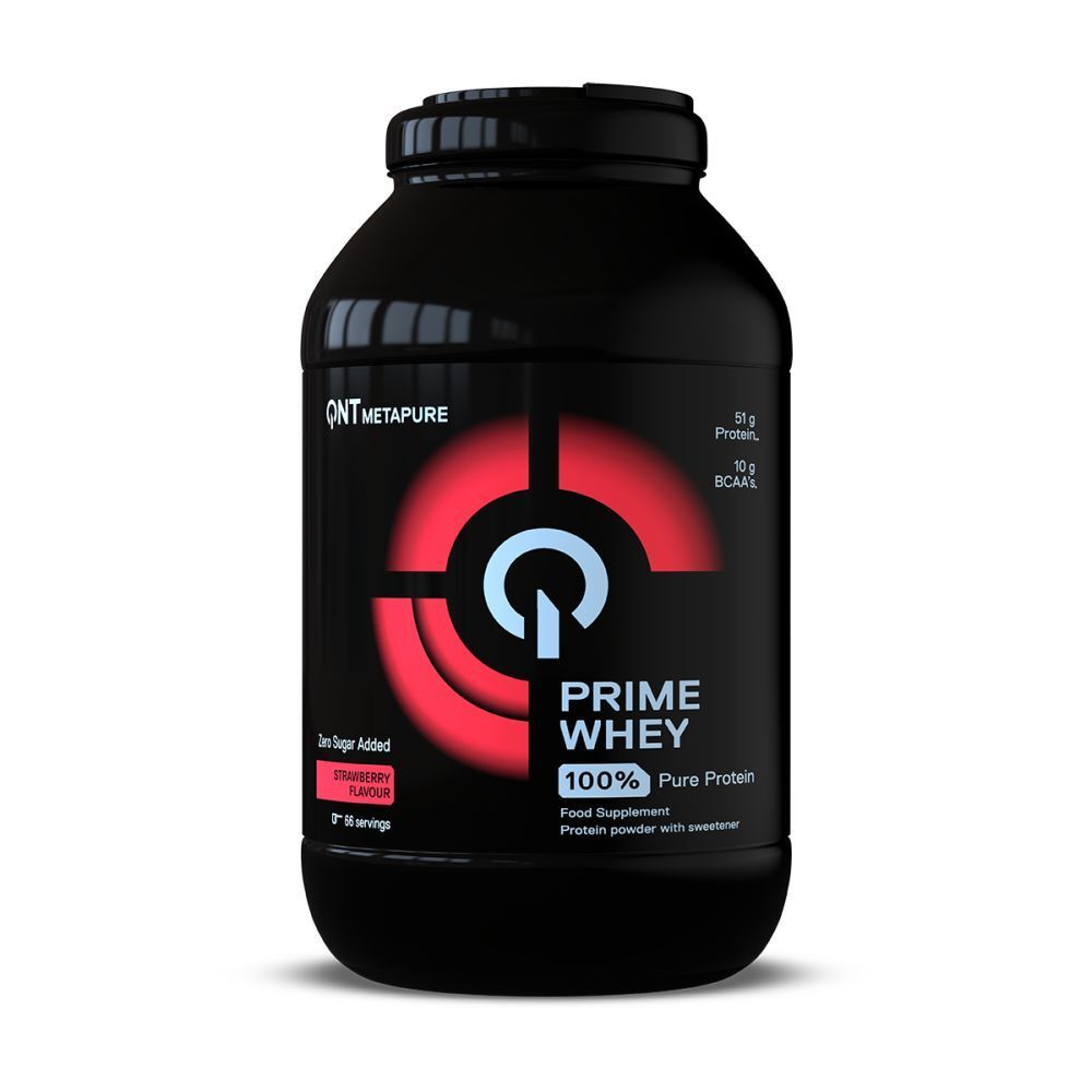 Pot noir QNT Metapure Prime Whey. Saveur fraise. 100% protéine pure. 50g protéines, 10g BCAA. Sans sucre ajouté.