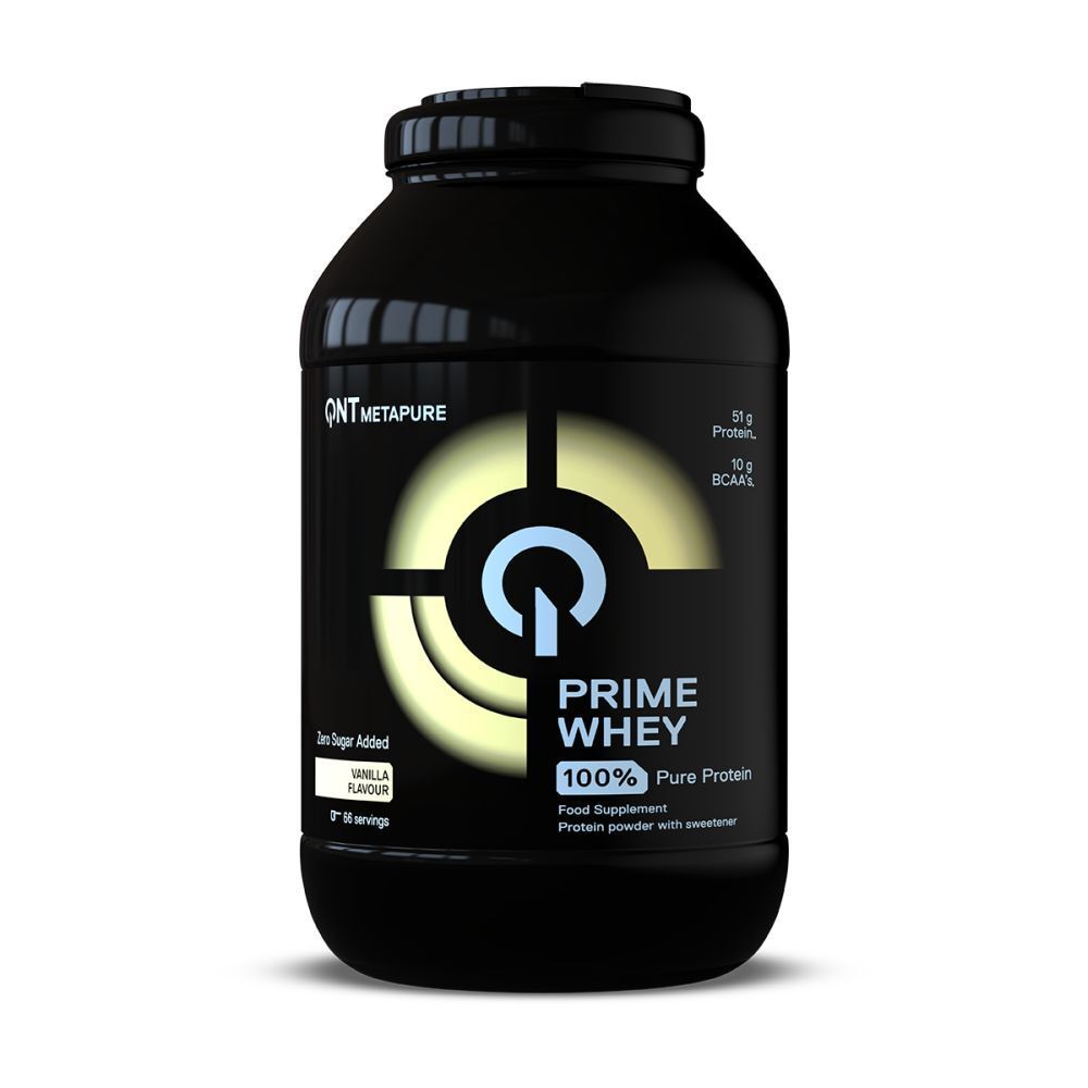 Pot noir QNT Metapure Prime Whey. Inscription : 100% Pure Protein, goût vanille, 66 portions.