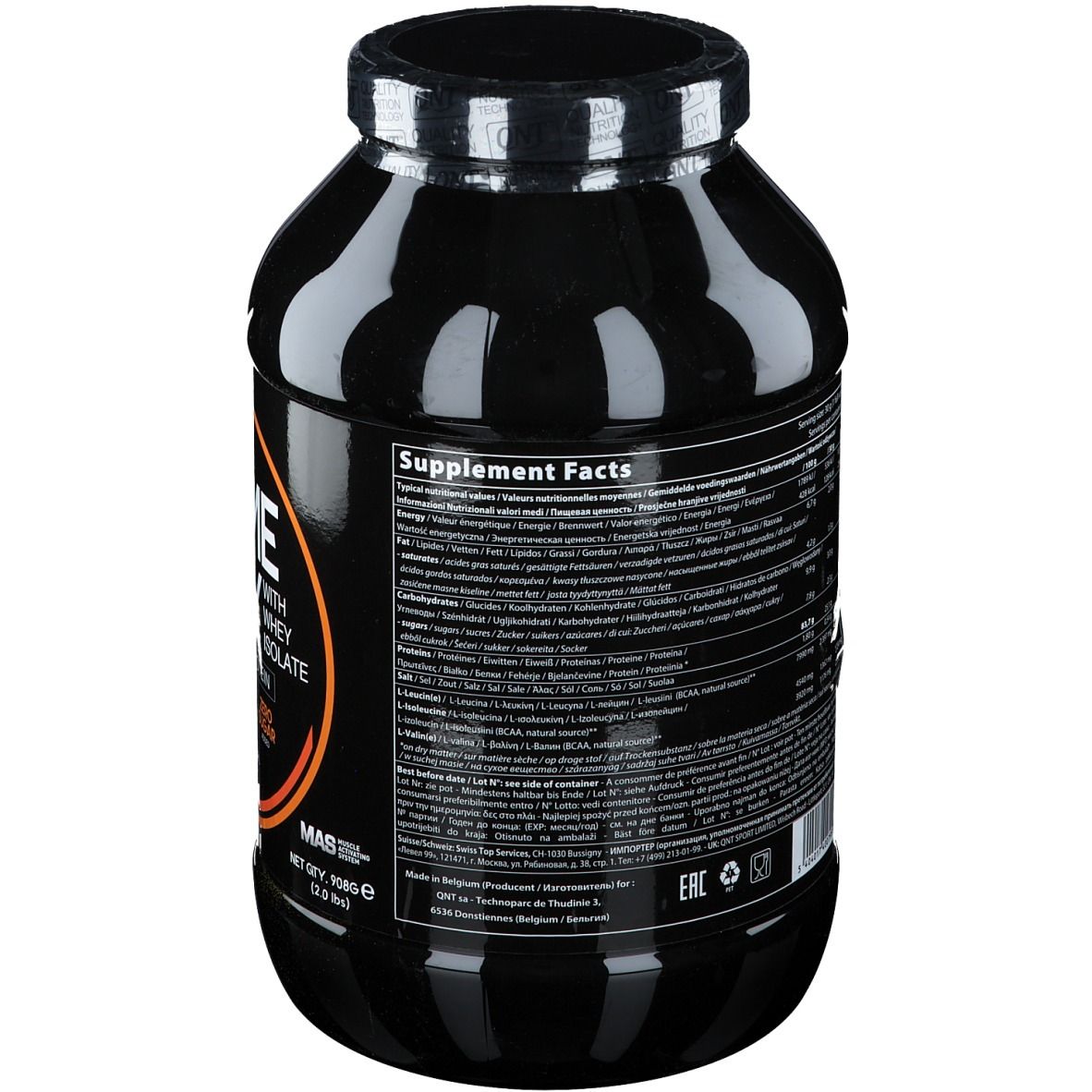 Pot noir QNT Prime Whey. Dos avec informations nutritionnelles et liste des ingrédients. Texte multilingue.