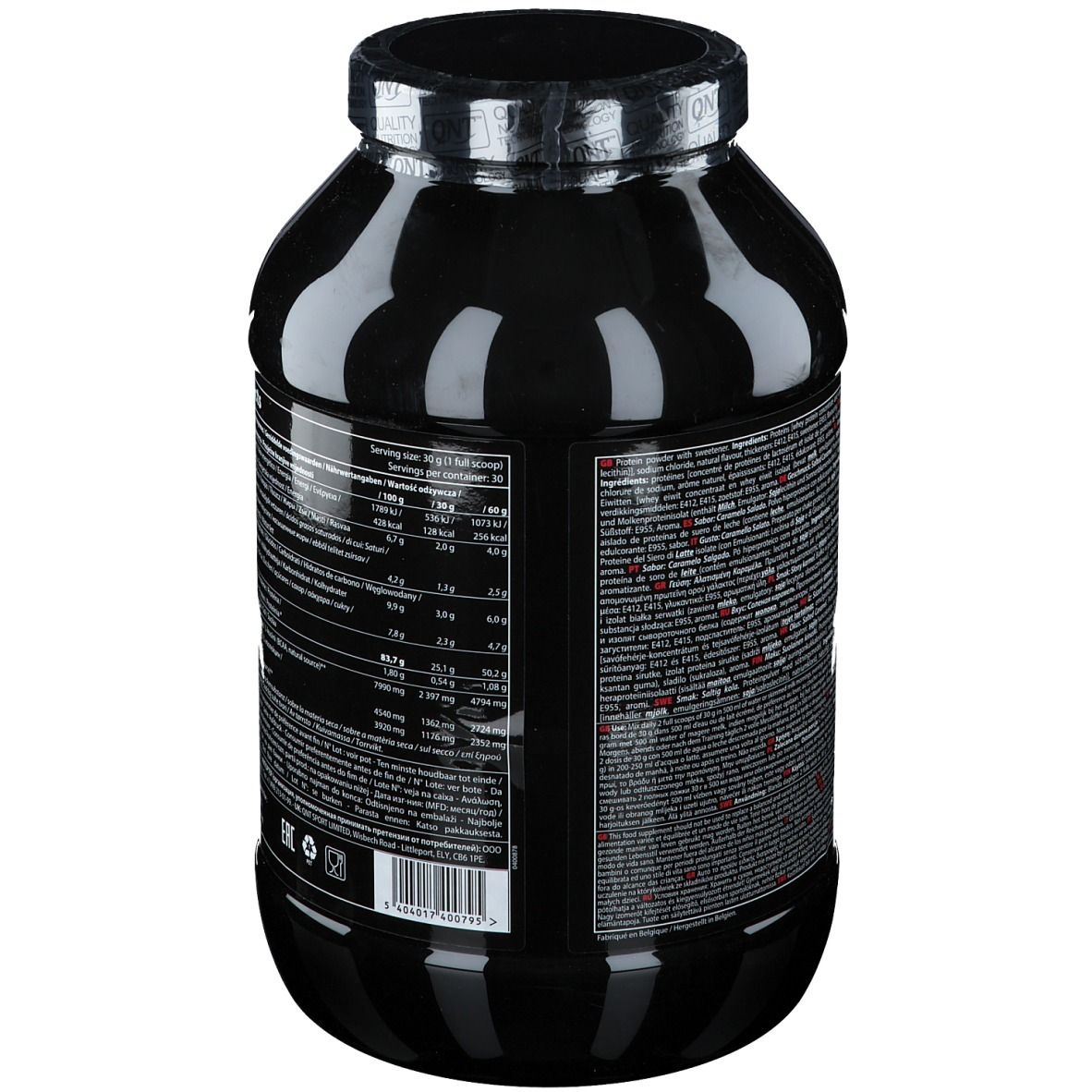 Pot noir QNT Prime Whey. Dos avec informations nutritionnelles. Texte multilingue.