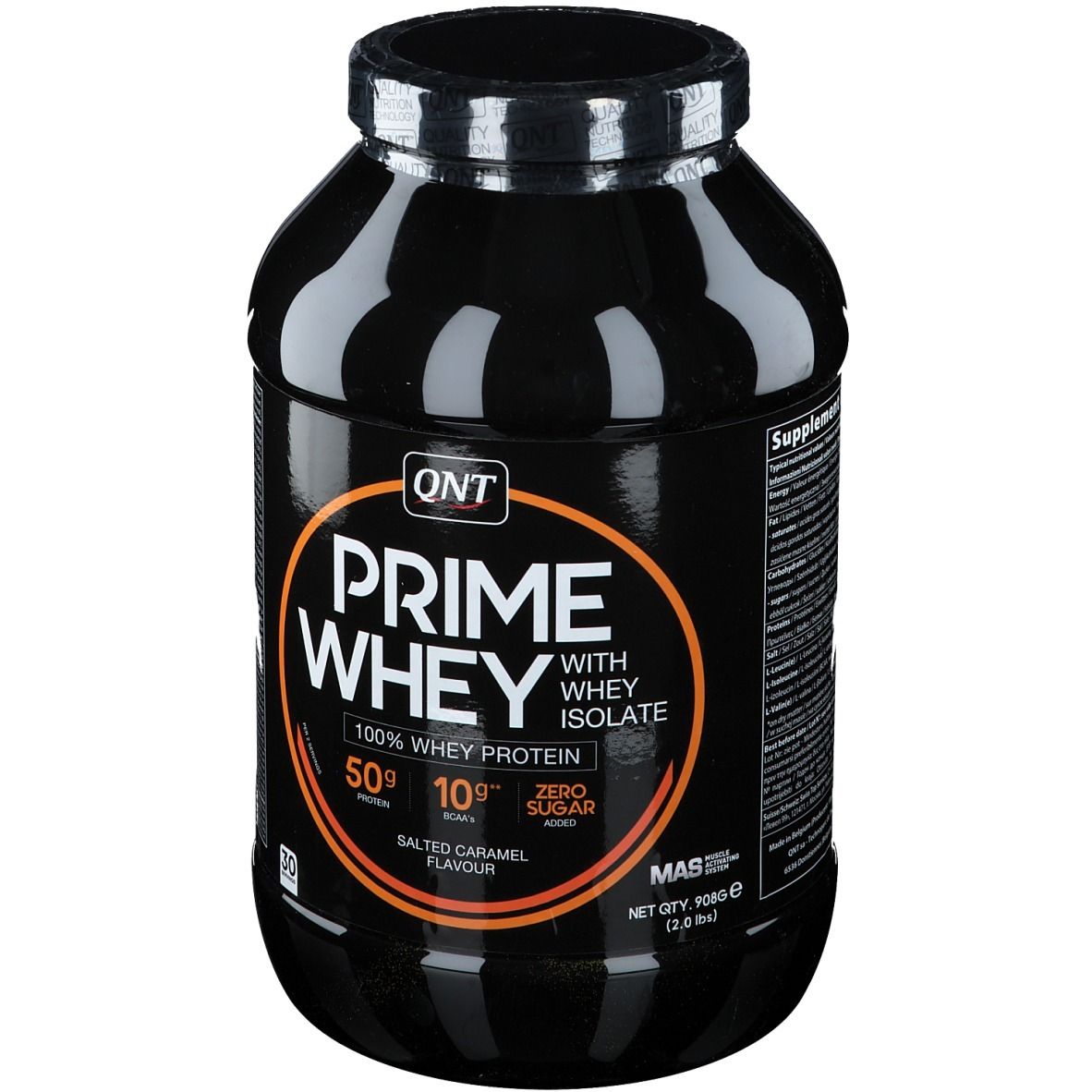 Pot noir QNT Prime Whey. Inscription: 50g protéines, 10g BCAA, 0g sucre. Saveur caramel salé. 908g.