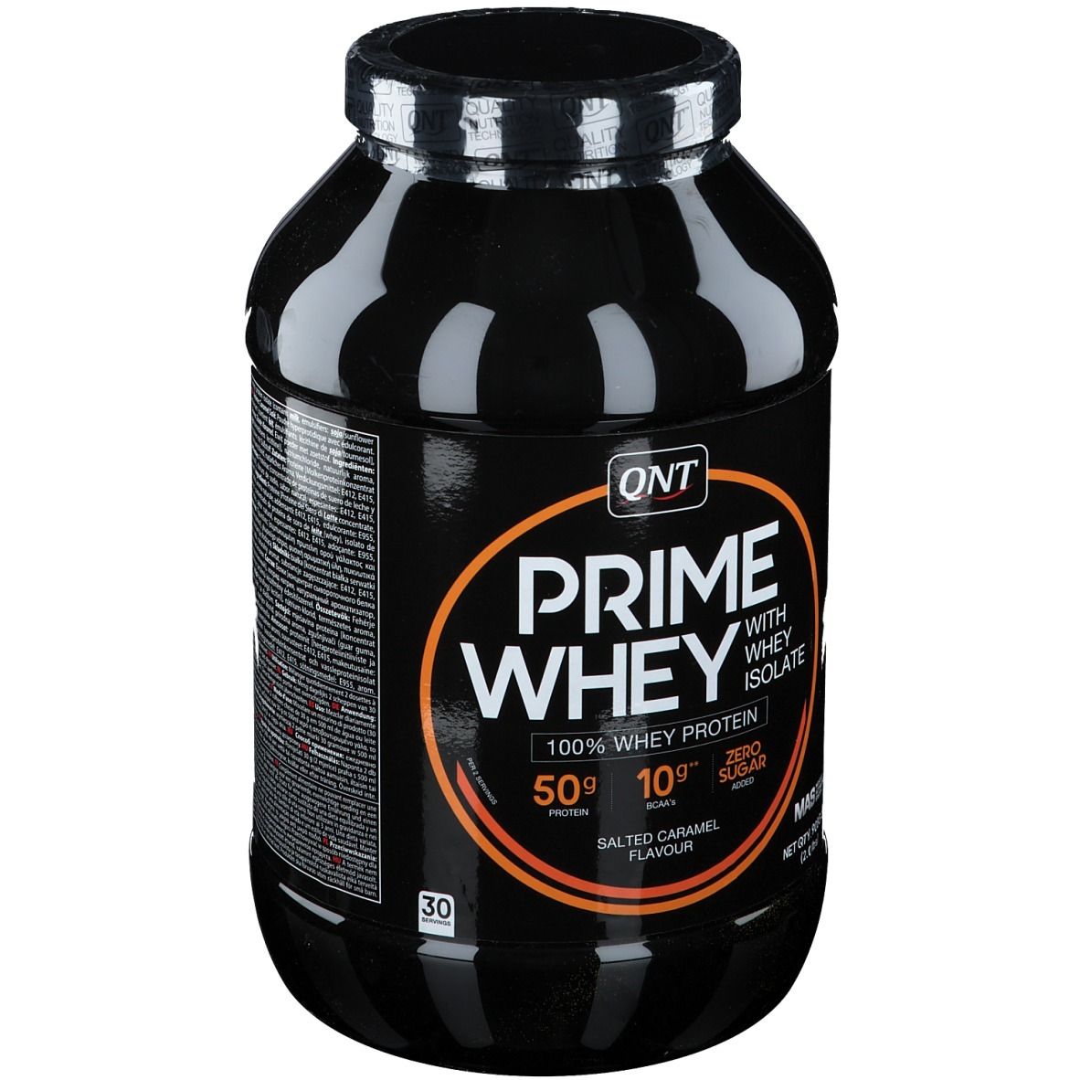 Pot noir QNT Prime Whey. Inscription: 50g protéines, 10g BCAA, 0g sucre. Saveur caramel salé. 908g.