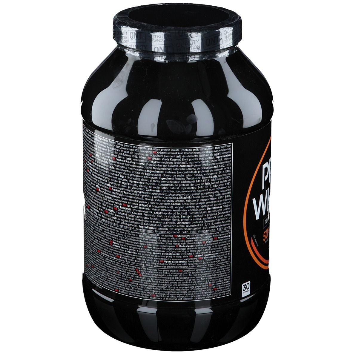 Pot noir QNT Prime Whey. Dos avec texte. Texte multilingue.