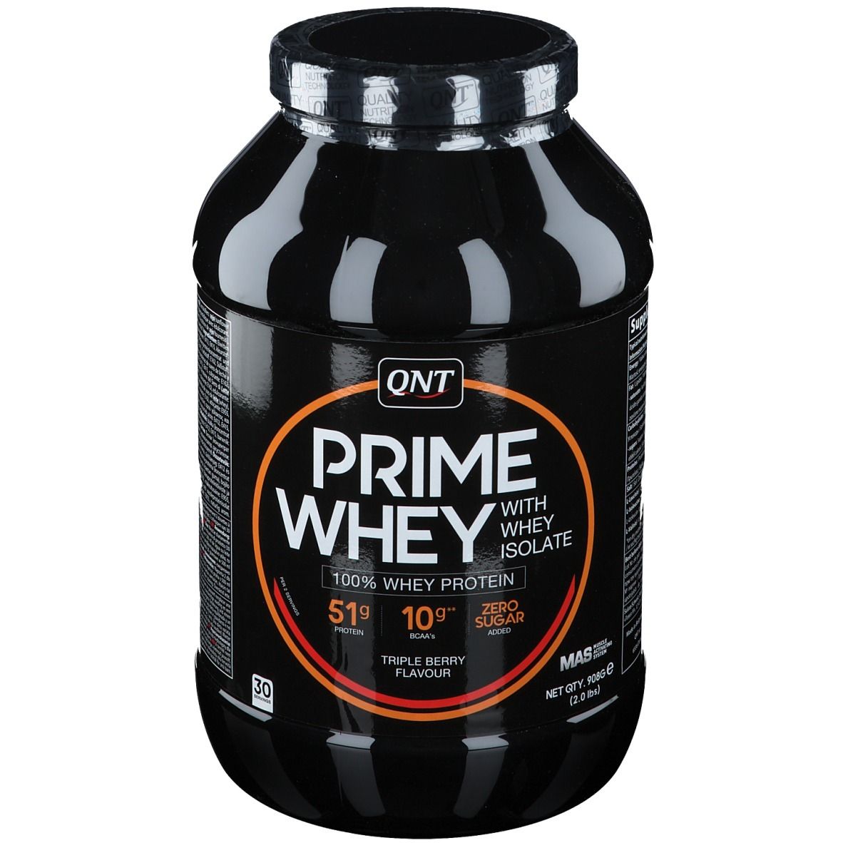 Pot noir QNT Prime Whey. Inscription: 100% Whey Protein, Triple Berry Flavour. 51g protéines, 10.9g sucres, zéro sucre ajouté.