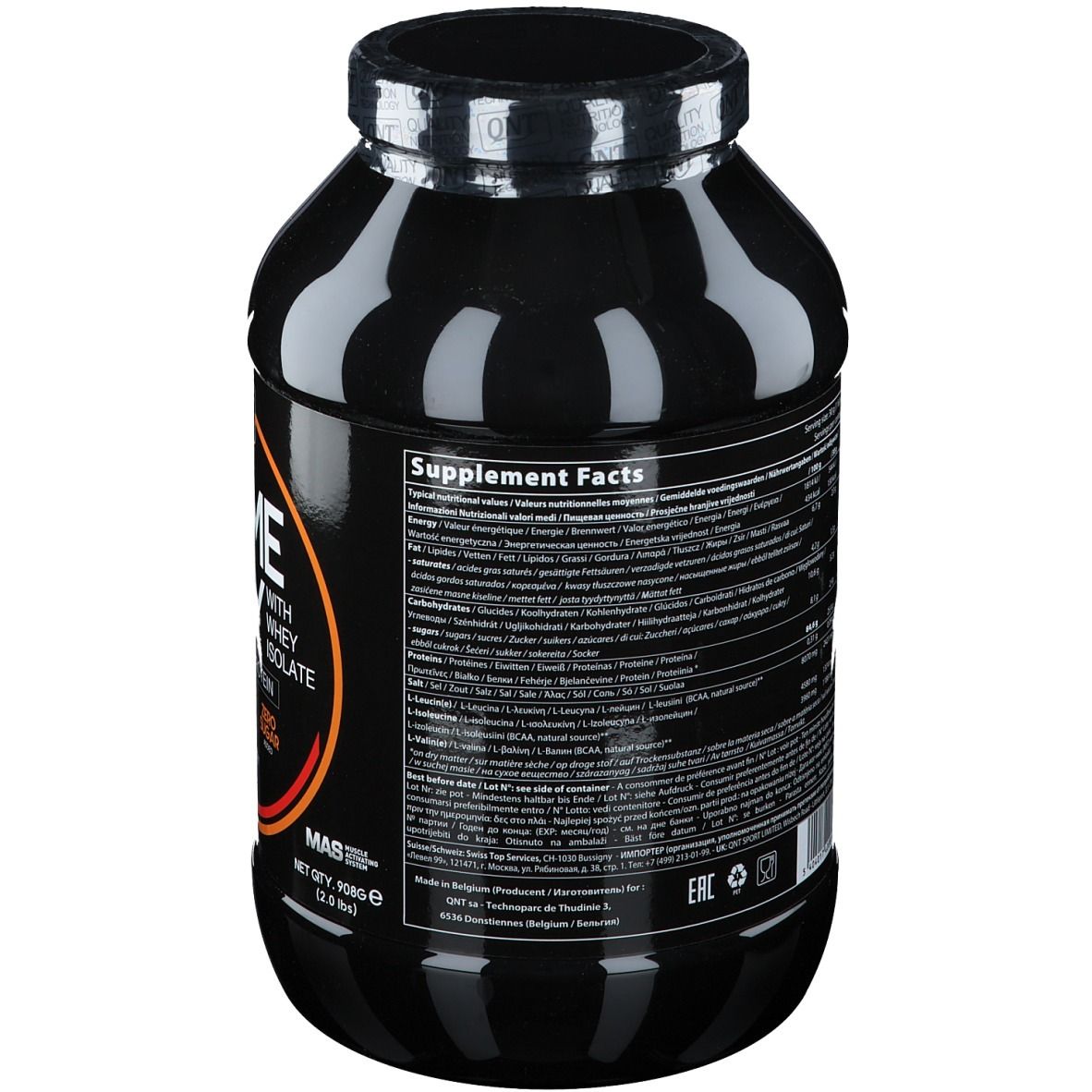 Pot noir avec informations nutritionnelles. Texte multilingue. Informations fabricant et code-barres.