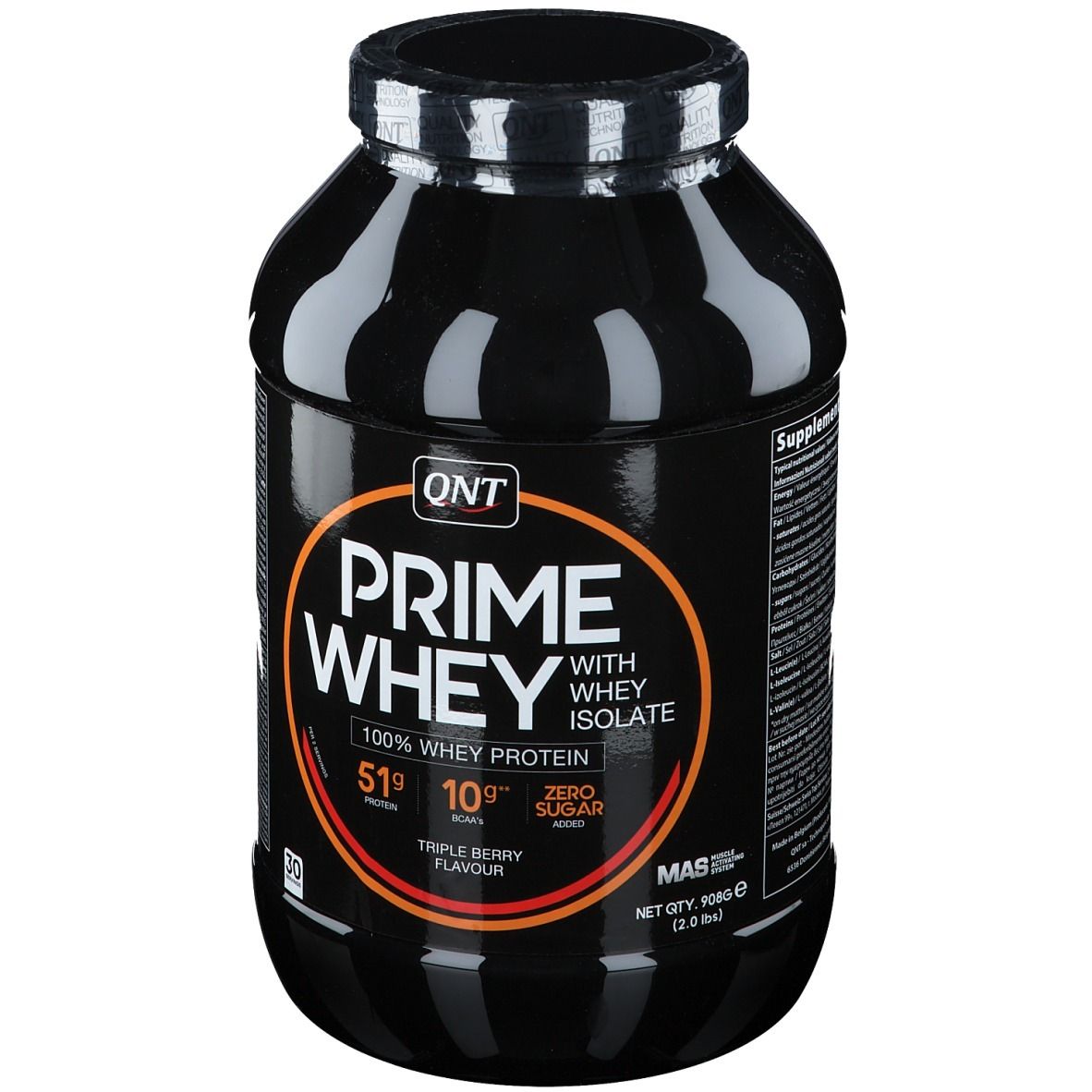 Pot noir QNT Prime Whey. Inscription: 100% Whey Protein, Triple Berry Flavour. 51g protéines, 10.9g sucres, zéro sucre ajouté.