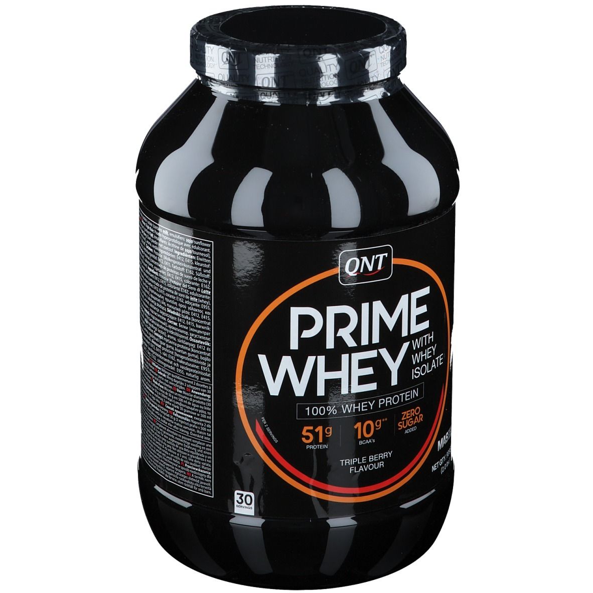 Pot noir QNT Prime Whey. Inscription: 100% Whey Protein, Triple Berry Flavour. 51g protéines, 10.9g sucres, zéro sucre ajouté.