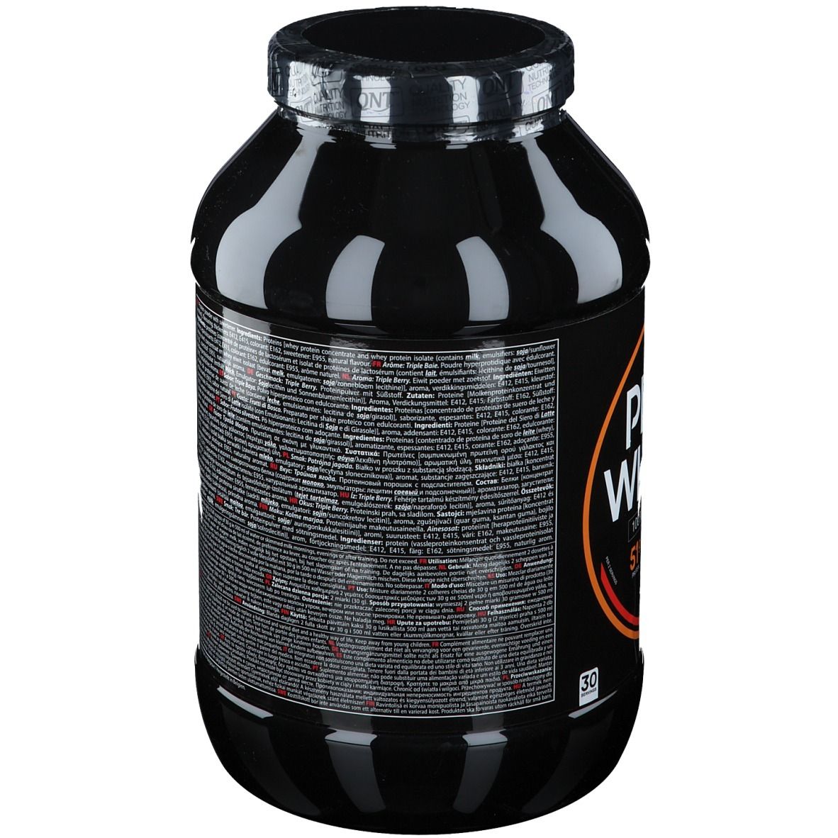 Pot noir avec informations nutritionnelles. Texte multilingue. Informations fabricant et code-barres.