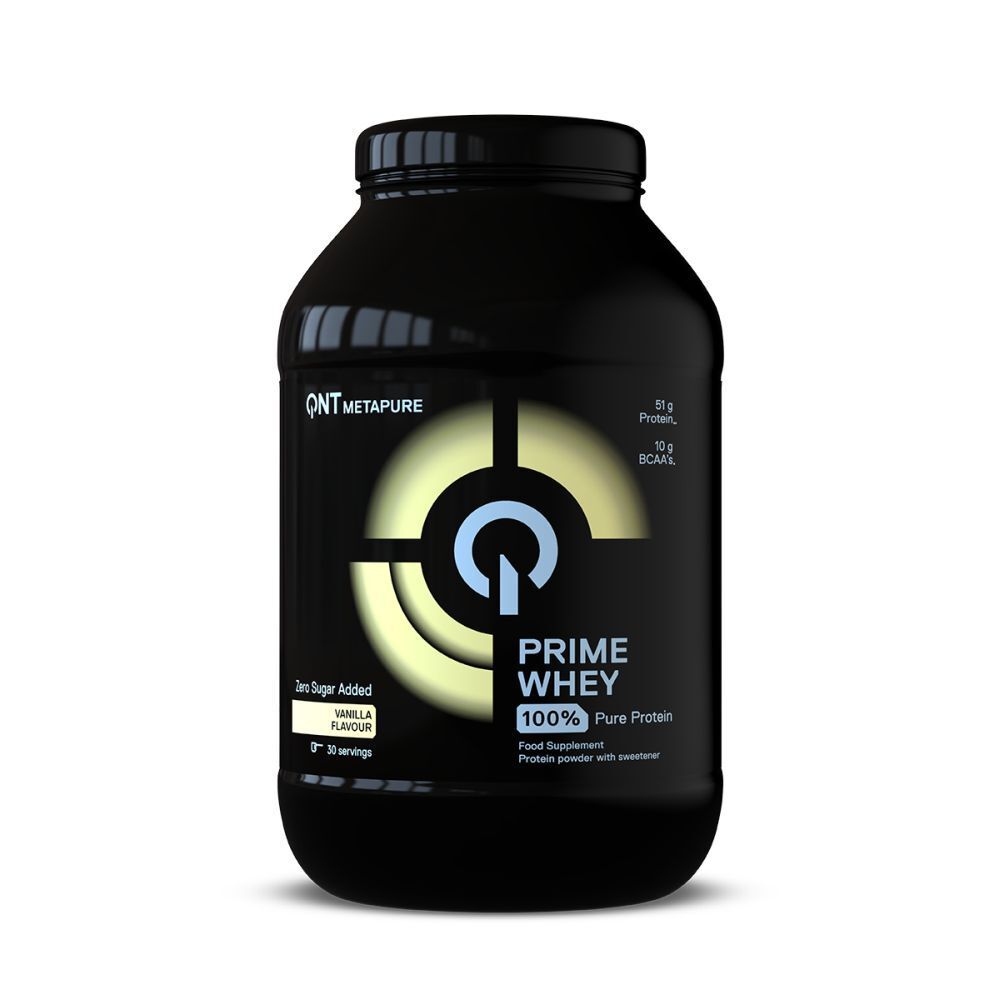 Schwarze Dose mit QNT Metapure Prime Whey Vanille. Aufschrift: 100% Pure Protein, 11g Protein, 10g BCAA. Zero Sugar Added.