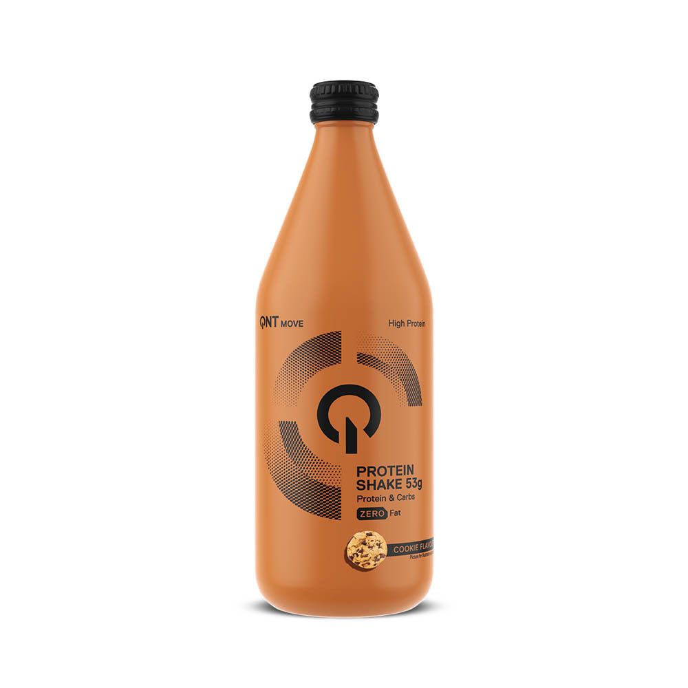 Bouteille en verre de shake protéiné. Inscription: Protein Shake 53g, Zero Fat, Cookie Flavor. Bouchon noir.