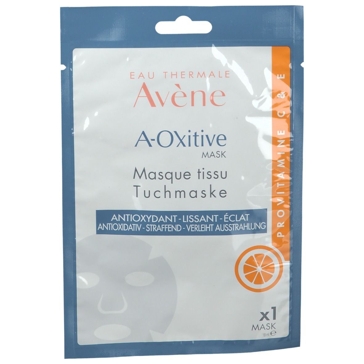Gezichtsmasker Avene A-Oxitive in folieverpakking. Oranje afbeelding.