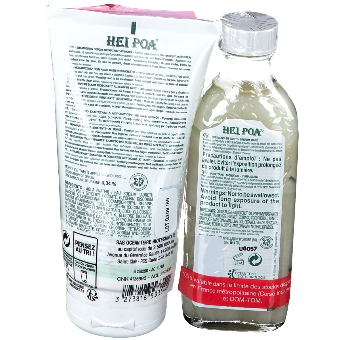 Achterkant van tube en fles. Tube met tekst en ingrediënten. Fles met tekst en waarschuwingen. Beide producten zijn verpakt.