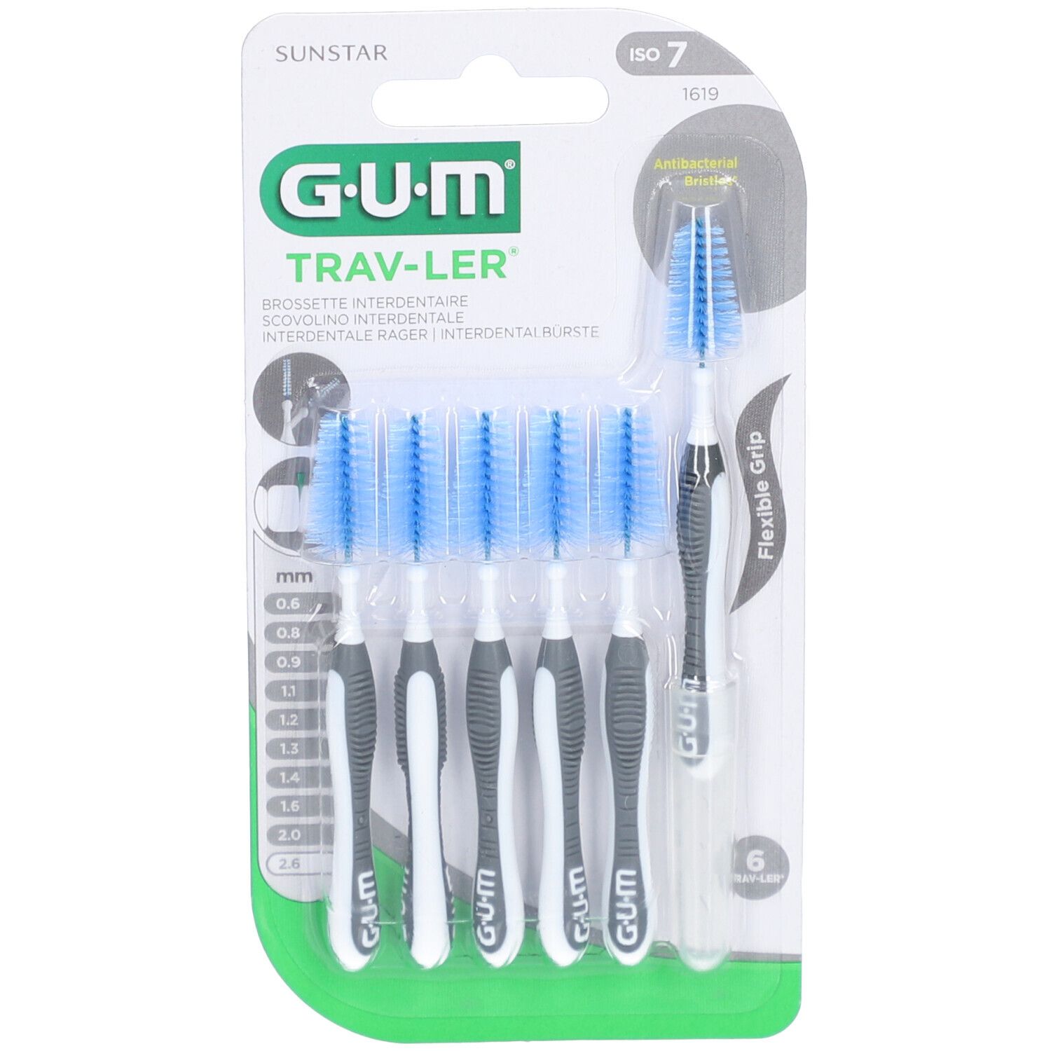 Paquet de brossettes interdentaires GUM Trav-Ler. Six brosses avec poils bleus et manches gris/blancs. ISO 7, 2,6 mm.