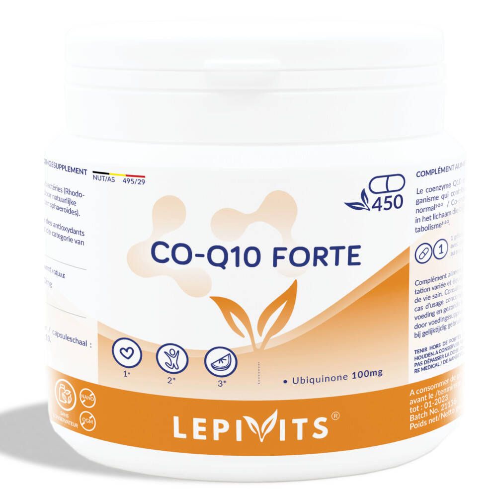 Weiße Dose mit Aufschrift CO-Q10 FORTE, LEPIVITS. Enthält Ubichinon 100mg. Orangefarbene Akzente.