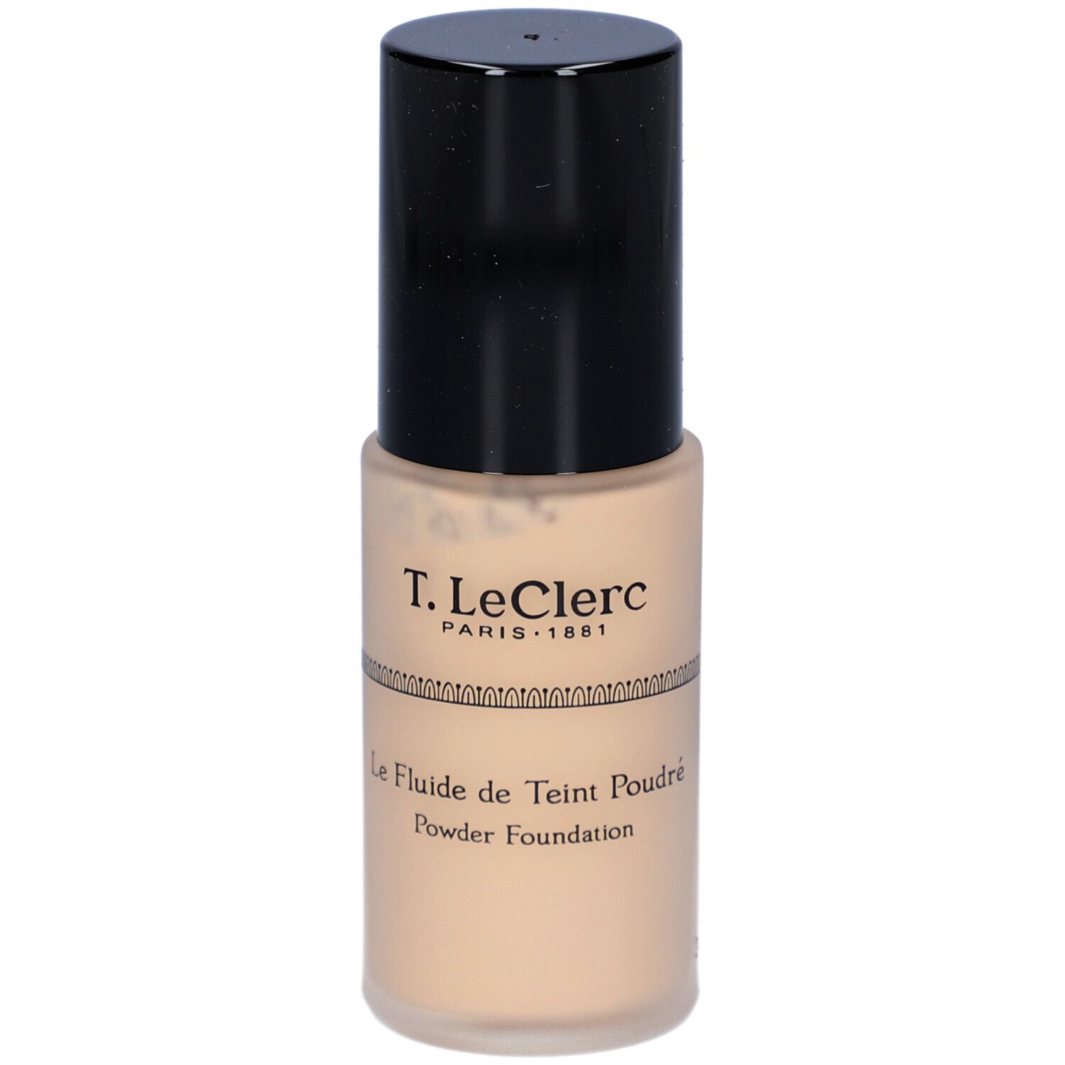 T. LeClerc Foundation. Beige Flasche mit schwarzem Deckel. Aufschrift: Le Fluide de Teint Poudré, Powder Foundation.