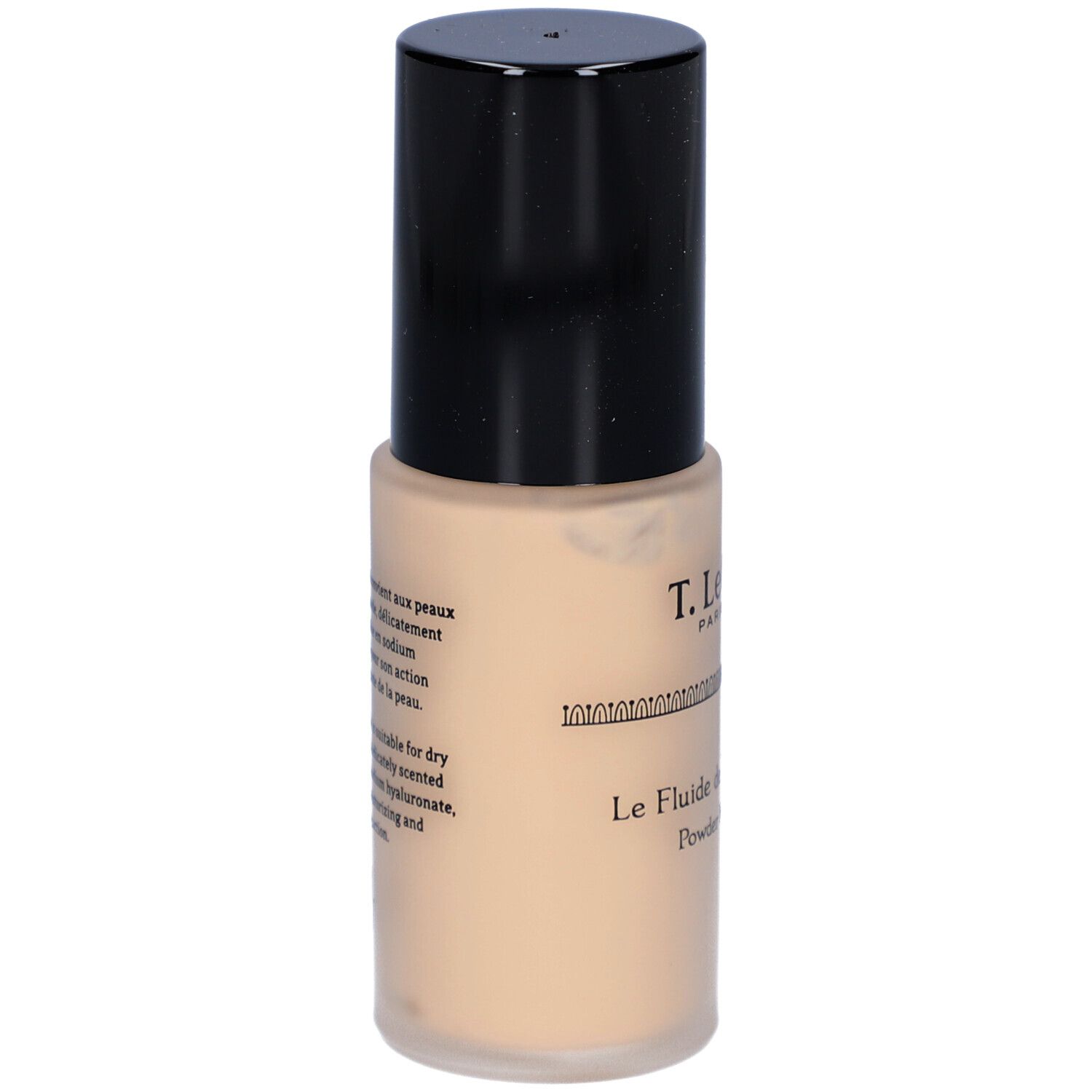 T. LeClerc Foundation. Beige Flasche mit schwarzem Deckel. Text auf der Rückseite.