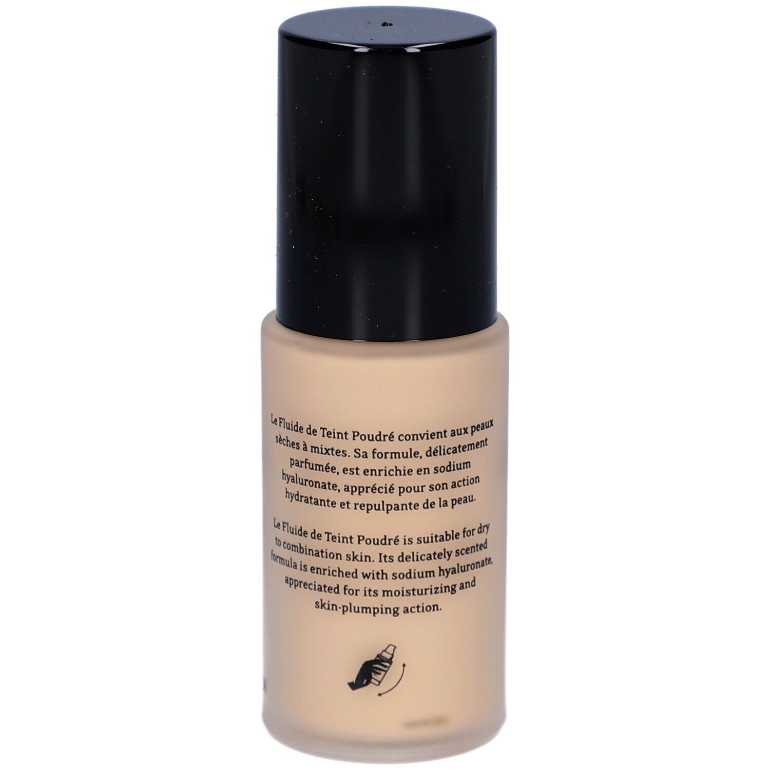 T. LeClerc Foundation. Beige Flasche mit schwarzem Deckel. Text auf der Rückseite.