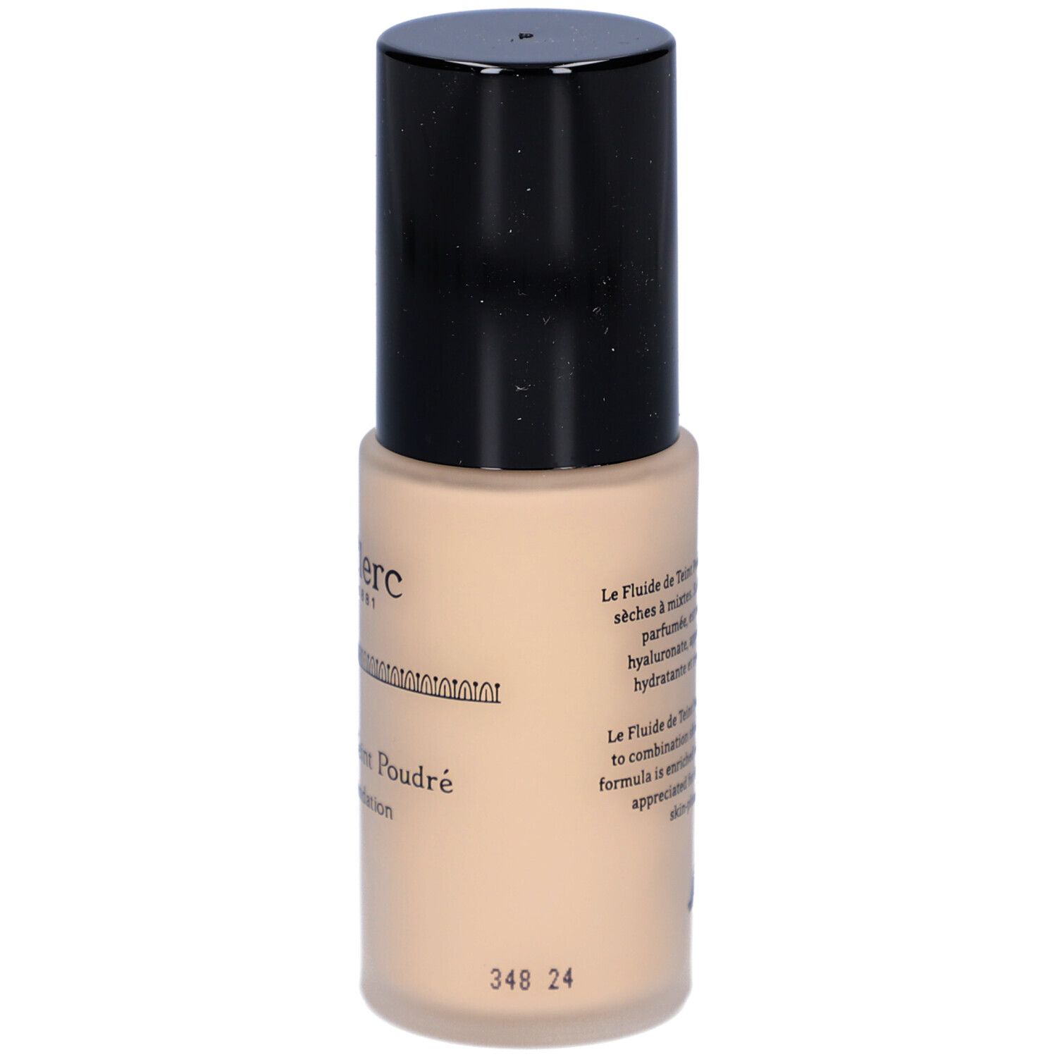 T. LeClerc Foundation. Beige Flasche mit schwarzem Deckel. Aufschrift: 348 24.
