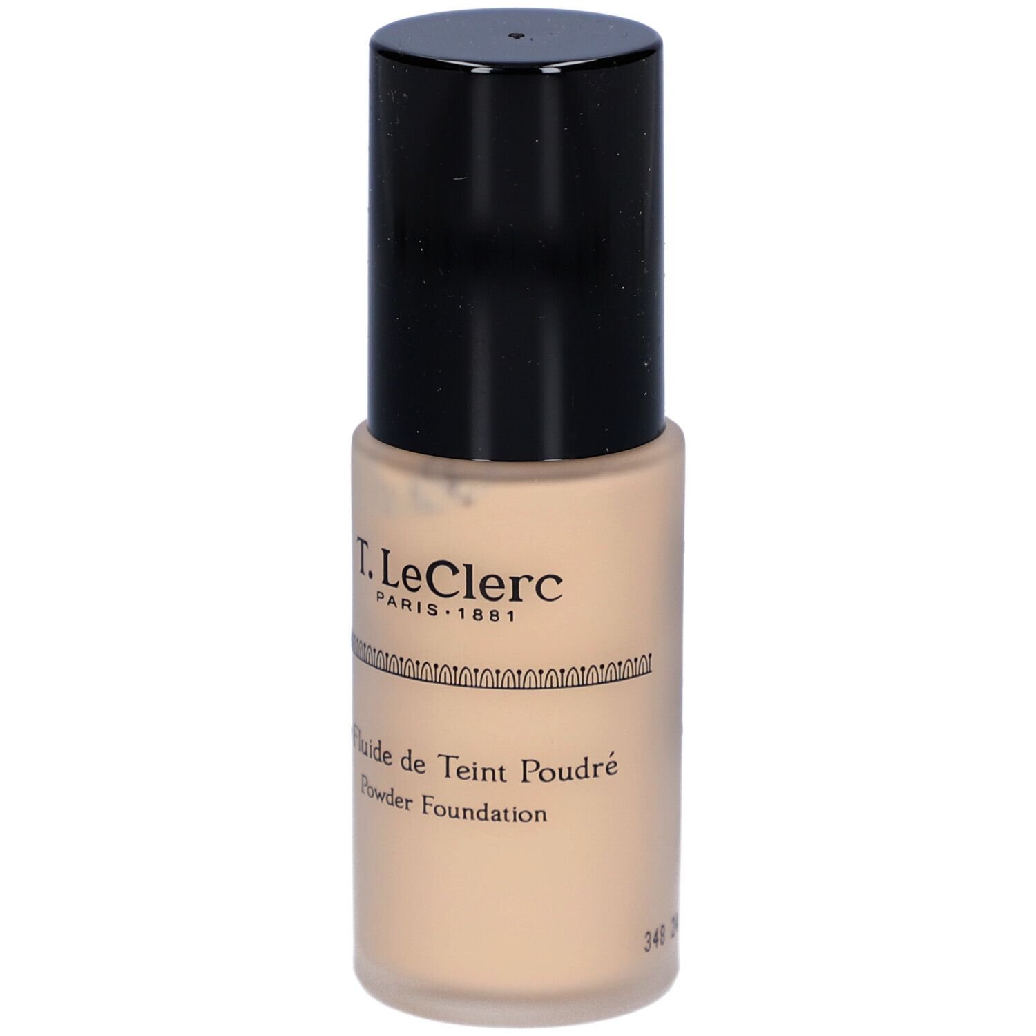 T. LeClerc Foundation. Beige Flasche mit schwarzem Deckel. Aufschrift: Le Fluide de Teint Poudré, Powder Foundation.