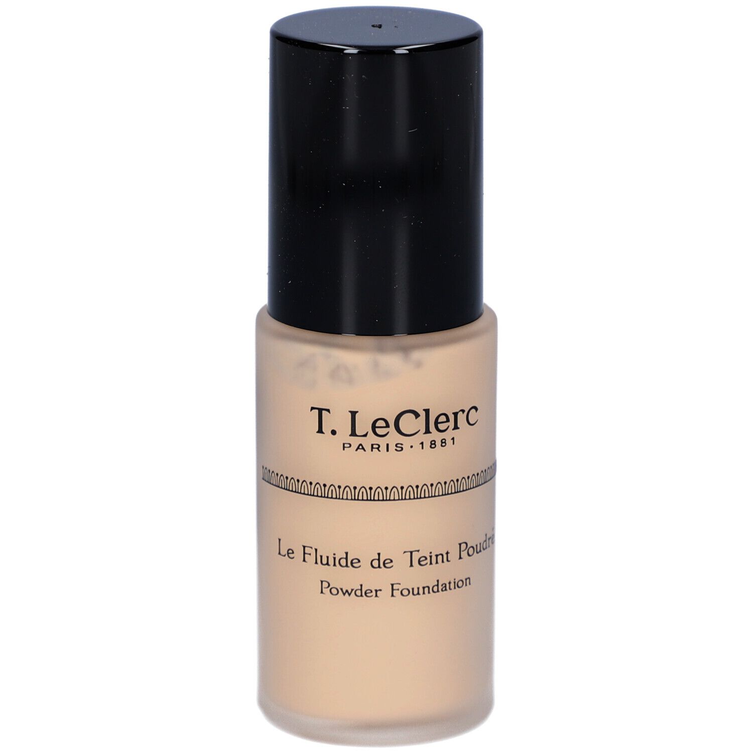 T. LeClerc Foundation. Beige Flasche mit schwarzem Deckel. Aufschrift: Le Fluide de Teint Poudré, Powder Foundation.