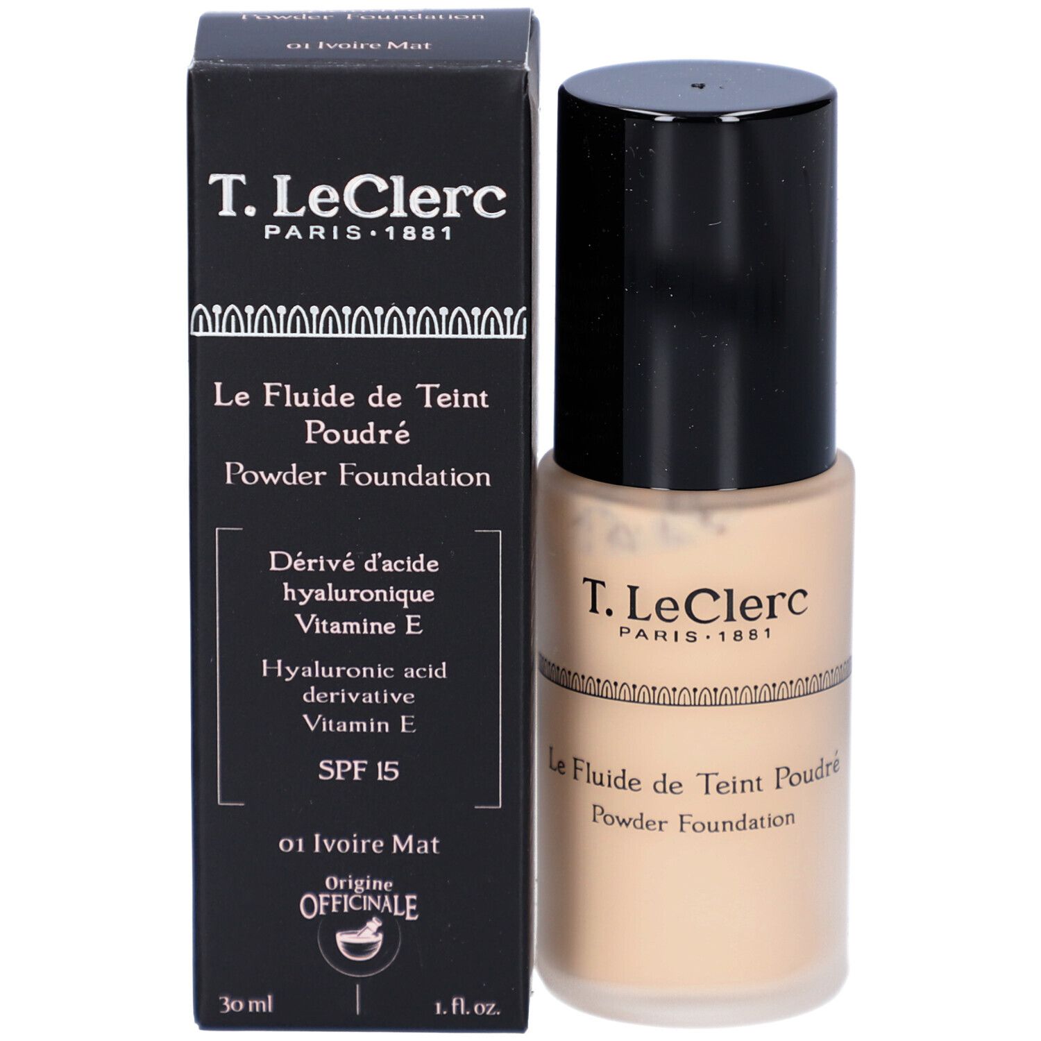 T. LeClerc Foundation und Verpackung. Schwarze Schachtel und Foundation. Aufschrift: Le Fluide de Teint Poudré, 01 Ivoire Mat.