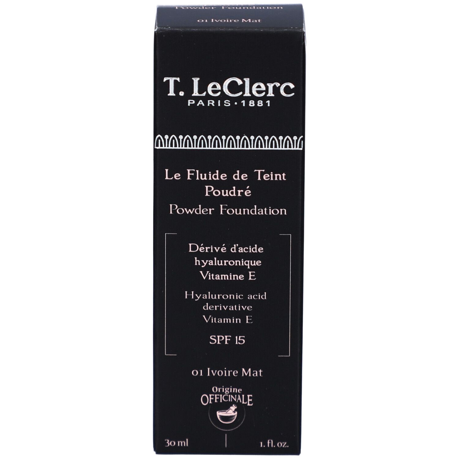 T. LeClerc Foundation und Verpackung. Schwarze Schachtel. Aufschrift: Le Fluide de Teint Poudré, 01 Ivoire Mat.