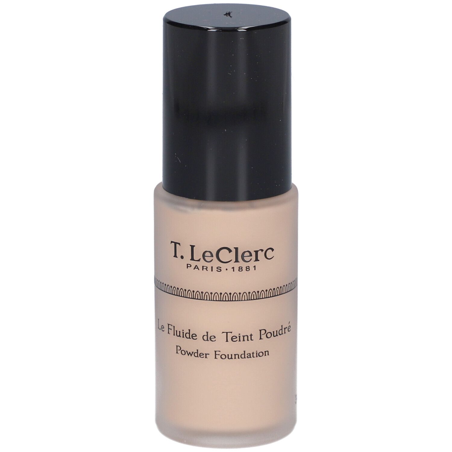 Beige Foundation-Fläschchen mit schwarzem Deckel. Aufschrift: T. LeClerc Paris. Produktname: Le Fluide de Teint Poudré Powder Foundation.