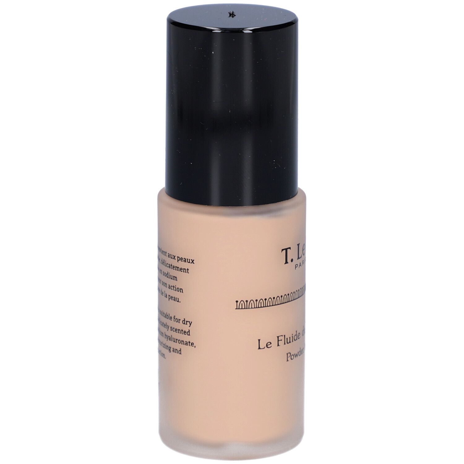 Beige Foundation-Fläschchen mit schwarzem Deckel. Aufschrift: T. LeClerc Paris. Text auf Französisch auf der Rückseite.