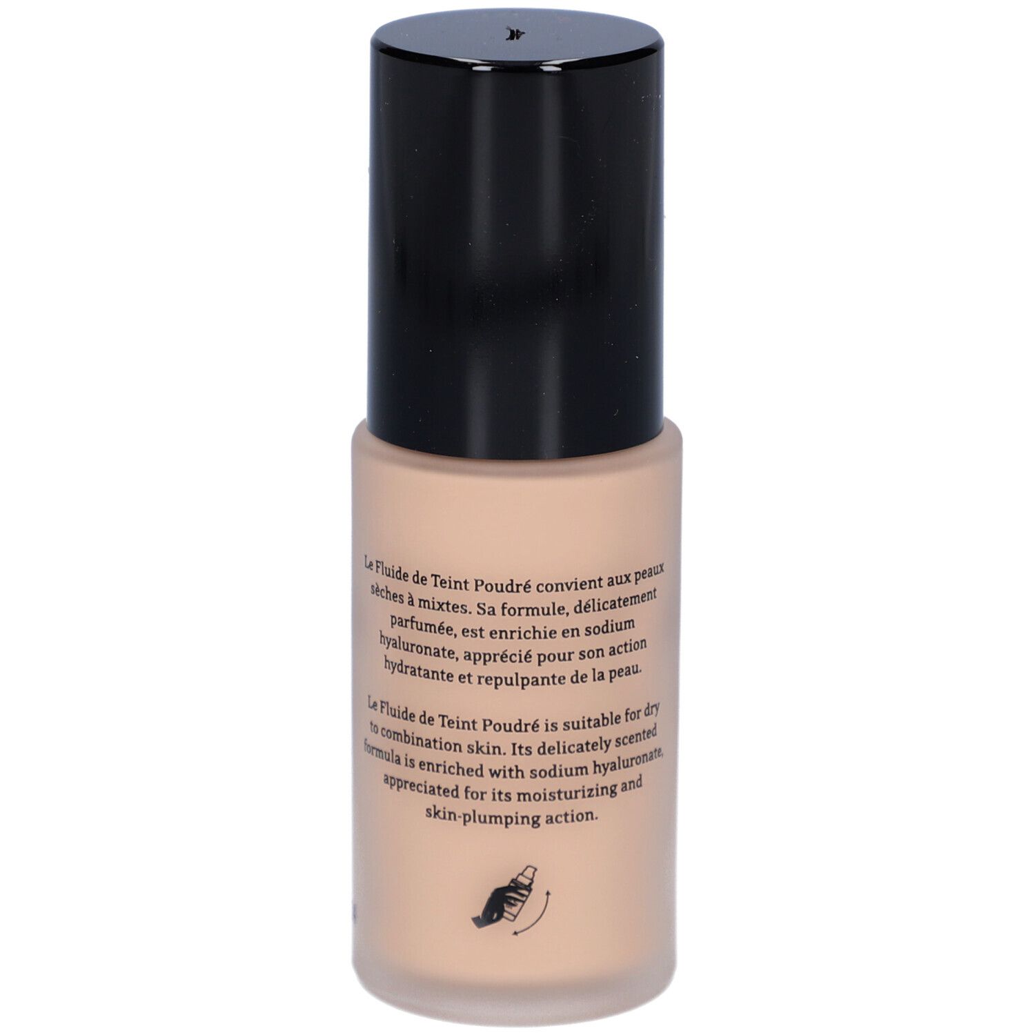 Beige Foundation-Fläschchen mit schwarzem Deckel. Aufschrift: T. LeClerc Paris. Text auf Französisch auf der Rückseite.