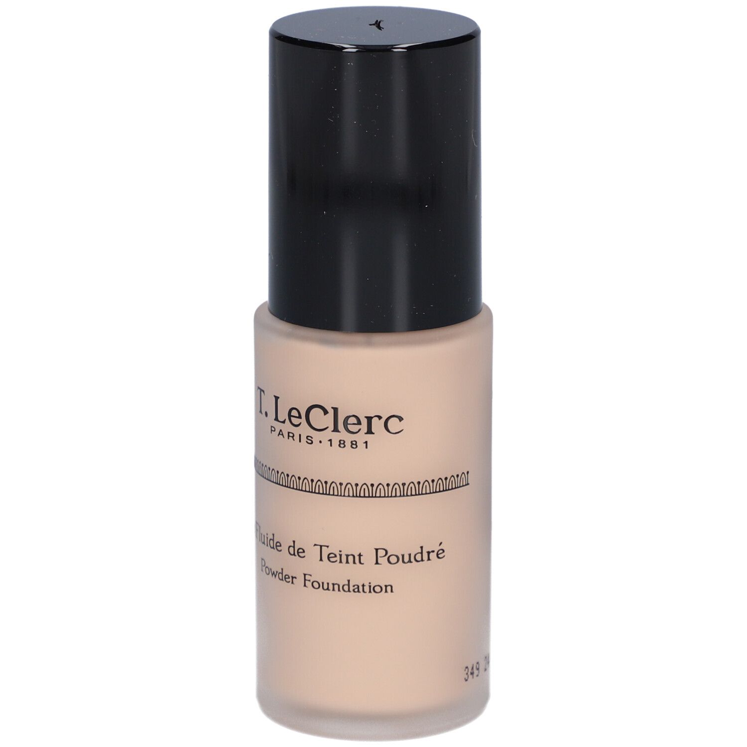 Beige Foundation-Fläschchen mit schwarzem Deckel. Aufschrift: T. LeClerc Paris. Produktname: Le Fluide de Teint Poudré Powder Foundation.