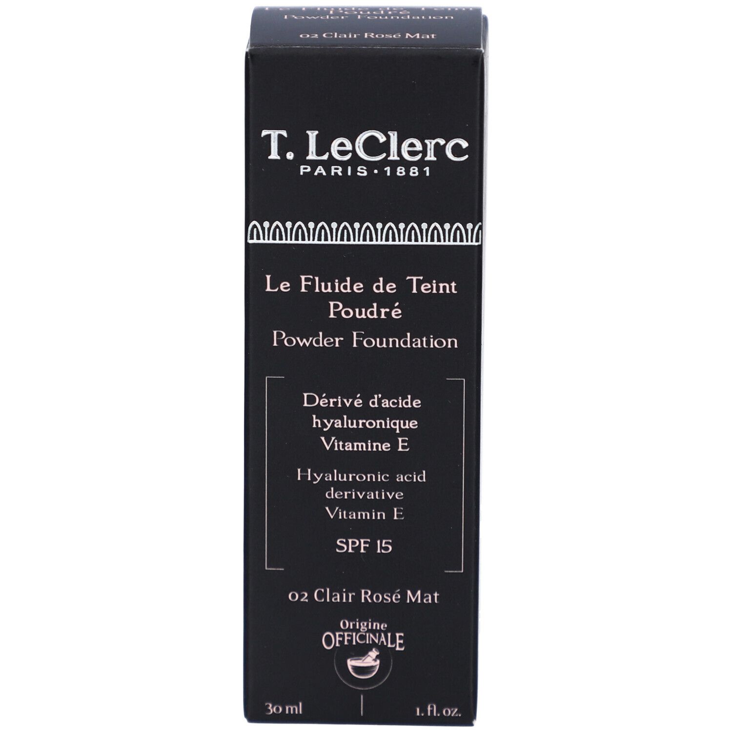 Foundation-Schachtel. Aufschrift: T. LeClerc Paris. Produktname: Le Fluide de Teint Poudré Powder Foundation. SPF 15.