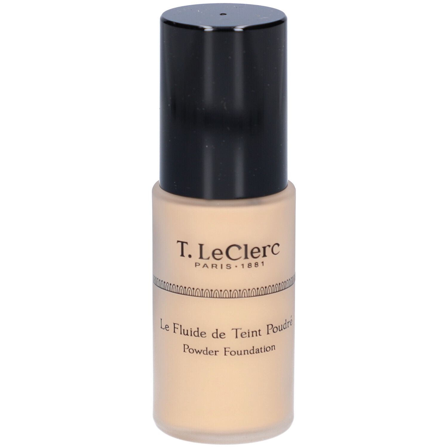 Beige Foundation-Flüssigkeit in einer zylindrischen Flasche mit schwarzem Deckel. Aufschrift: T. LeClerc, Le Fluide de Teint Poudré, Powder Foundation.