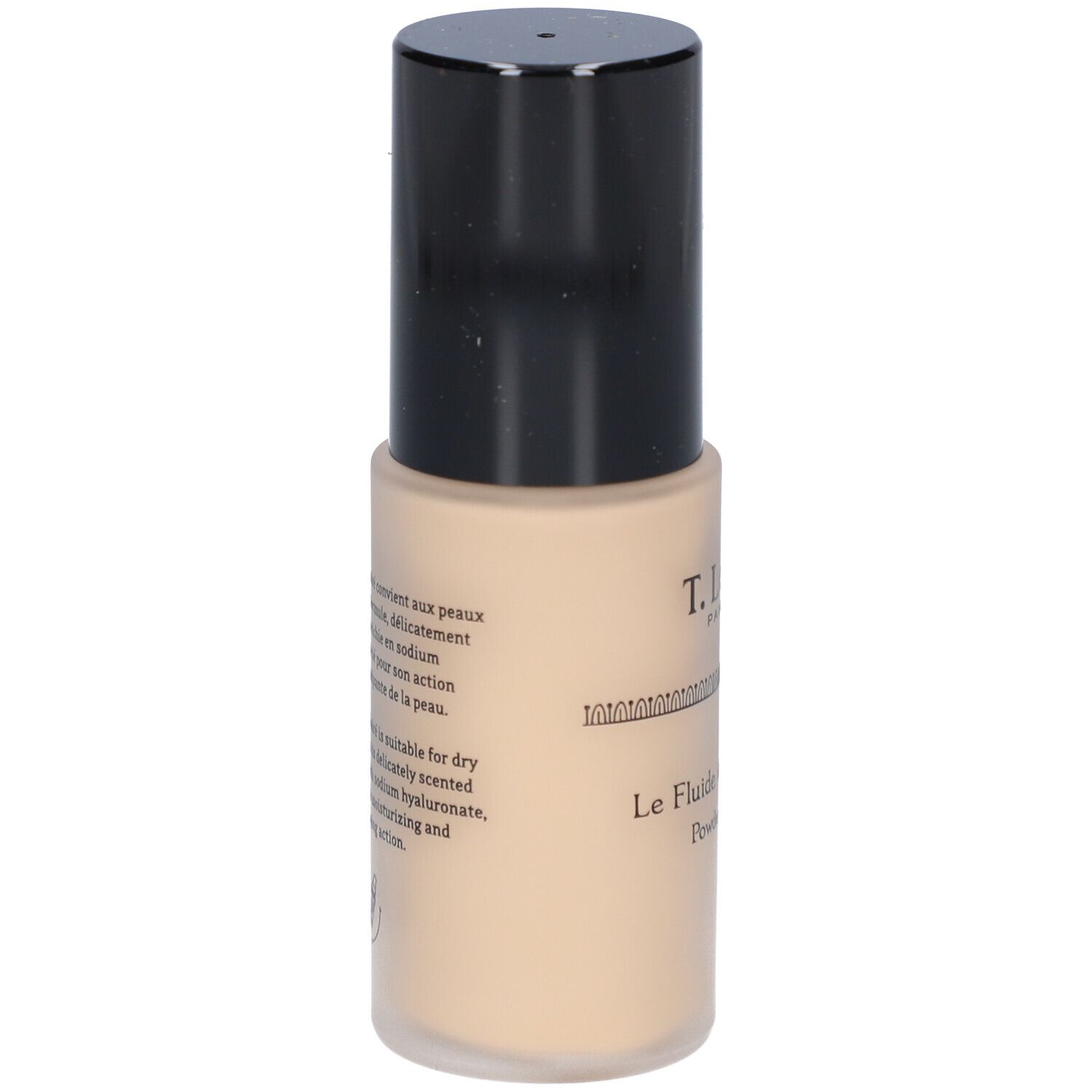 Beige Foundation-Flüssigkeit in einer zylindrischen Flasche mit schwarzem Deckel. Text auf der Flasche.