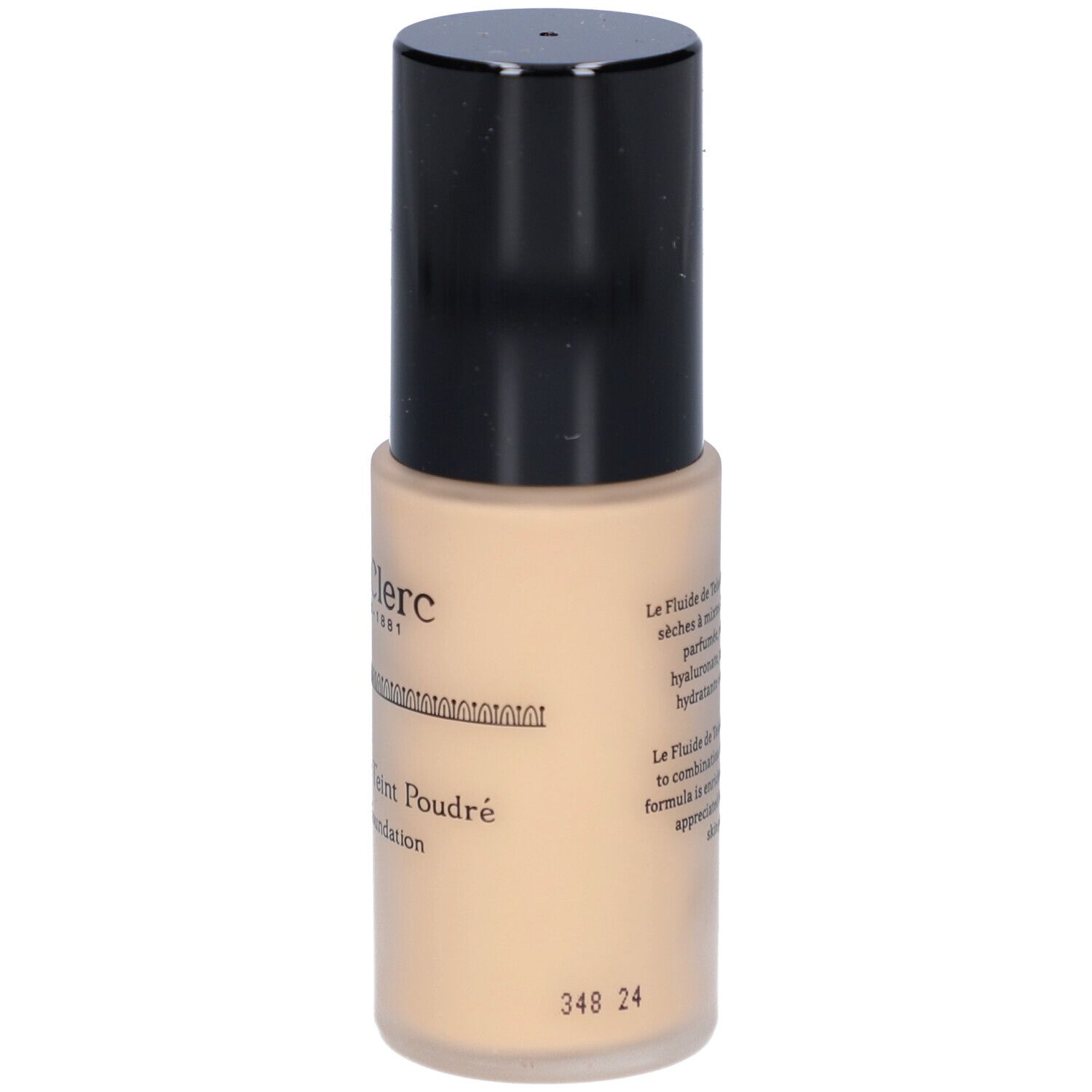 Beige Foundation-Flüssigkeit in einer zylindrischen Flasche mit schwarzem Deckel. Aufschrift: T. LeClerc, Le Fluide de Teint Poudré, Powder Foundation.