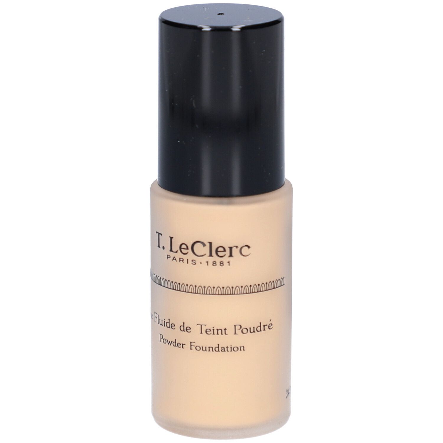 Beige Foundation-Flüssigkeit in einer zylindrischen Flasche mit schwarzem Deckel. Aufschrift: T. LeClerc, Le Fluide de Teint Poudré, Powder Foundation.