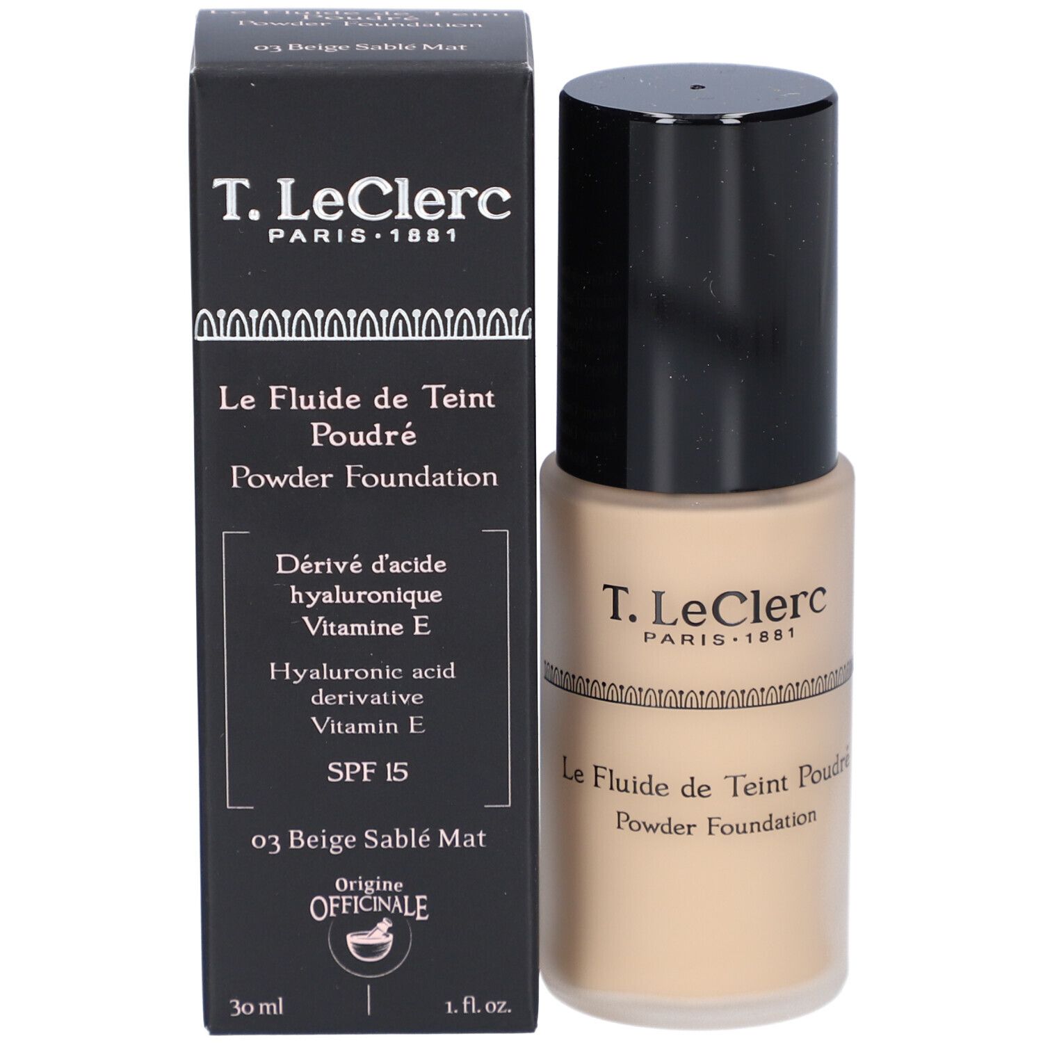 Foundation-Flüssigkeit und Schachtel. Aufschrift: T. LeClerc, Le Fluide de Teint Poudré, Powder Foundation, SPF 15, 03 Beige Sablé Mat.