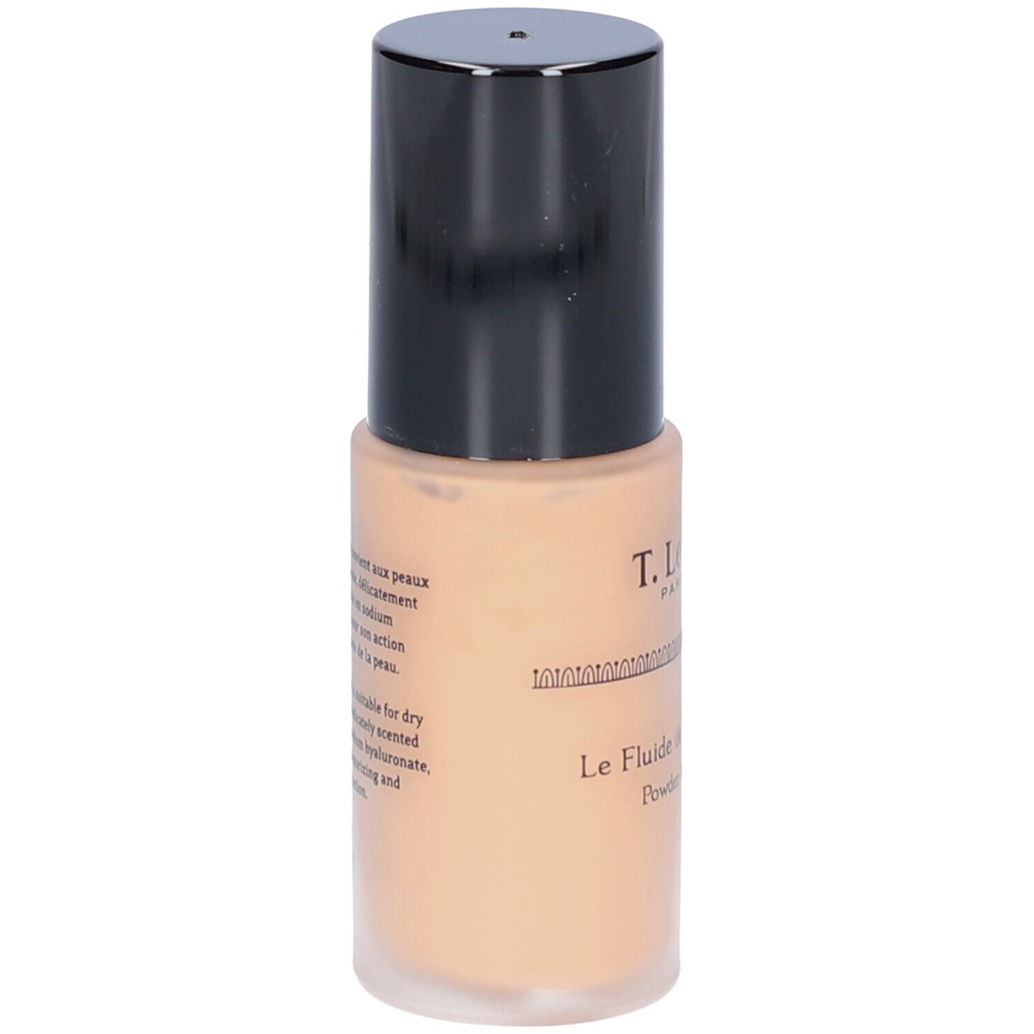Beige Flüssig-Foundation-Flasche mit schwarzem Deckel. Aufschrift: T.LeClerc. Text auf Französisch.