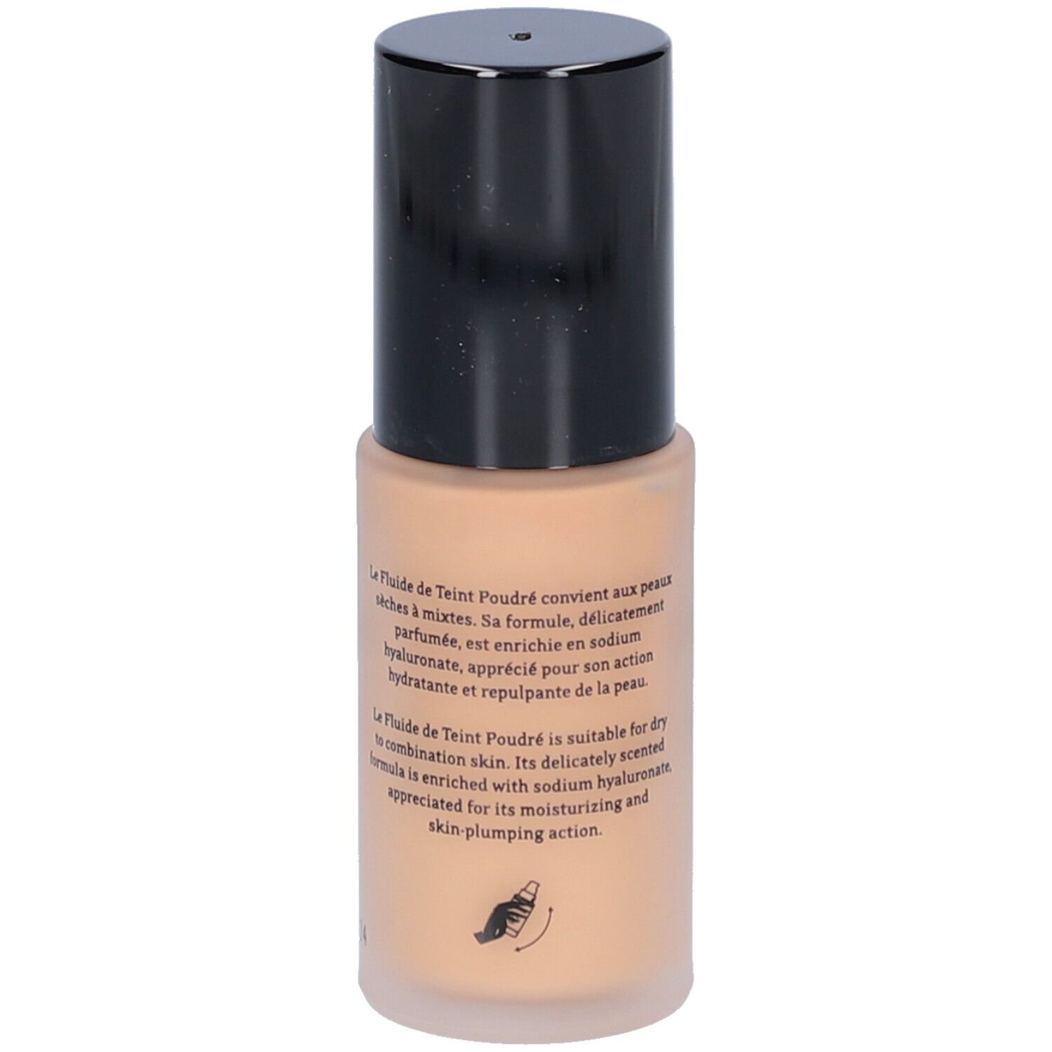 Beige Flüssig-Foundation-Flasche mit schwarzem Deckel. Text auf Französisch. Hand-Symbol.