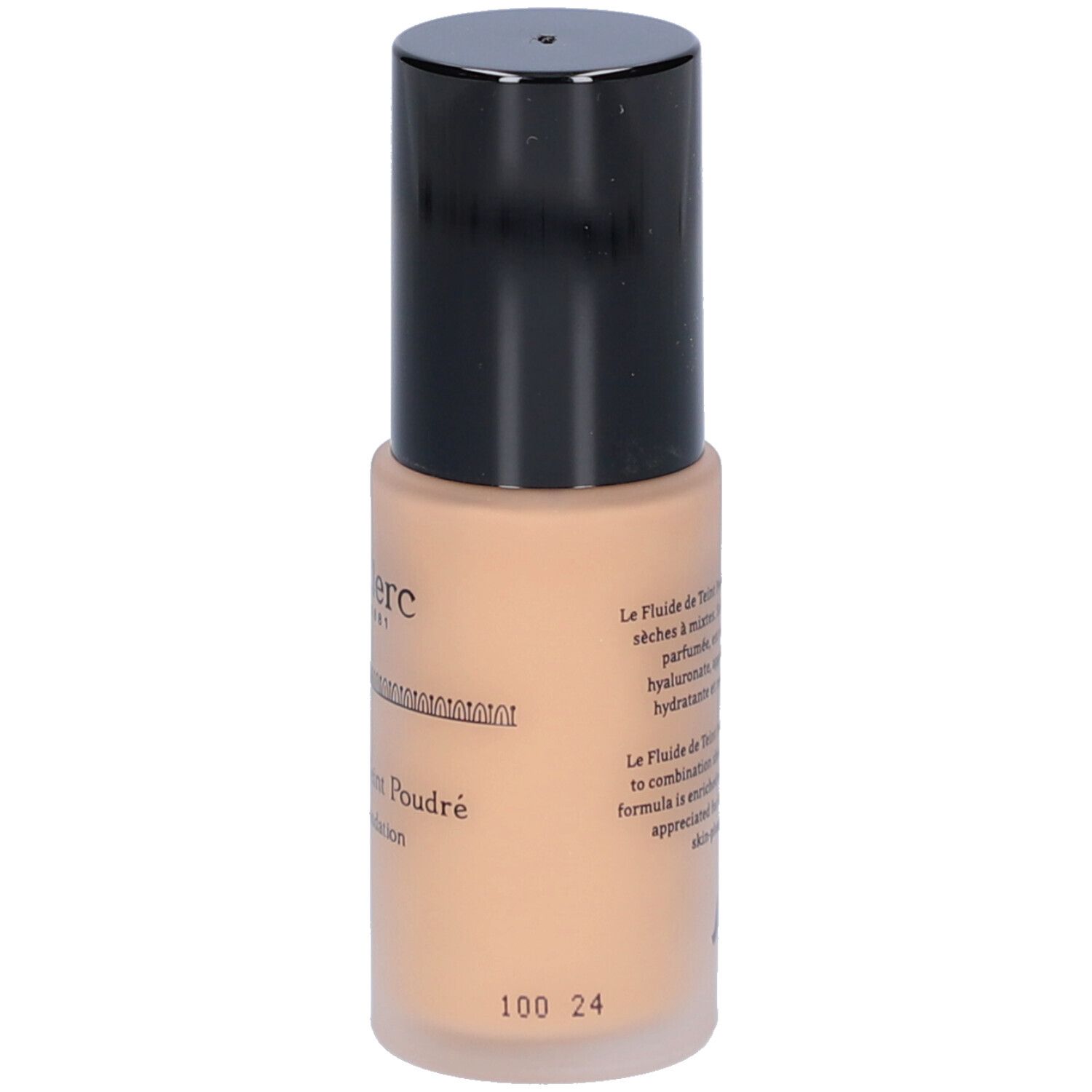 Beige Flüssig-Foundation-Flasche mit schwarzem Deckel. Aufschrift: T.LeClerc. Text auf Französisch. Nummer 100 24.