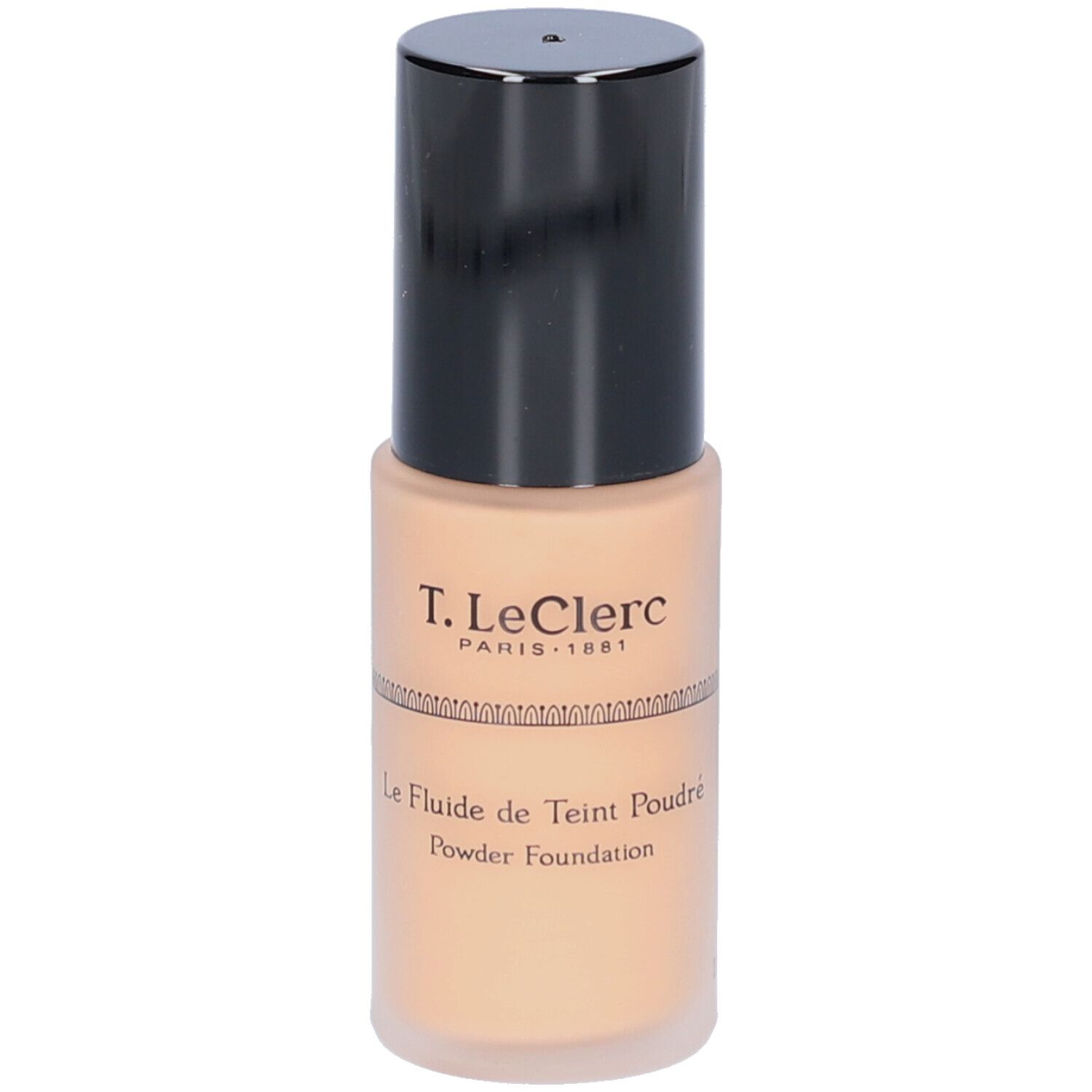 Beige Flüssig-Foundation-Flasche mit schwarzem Deckel. Aufschrift: T.LeClerc. Text: Le Fluide de Teint Poudré.