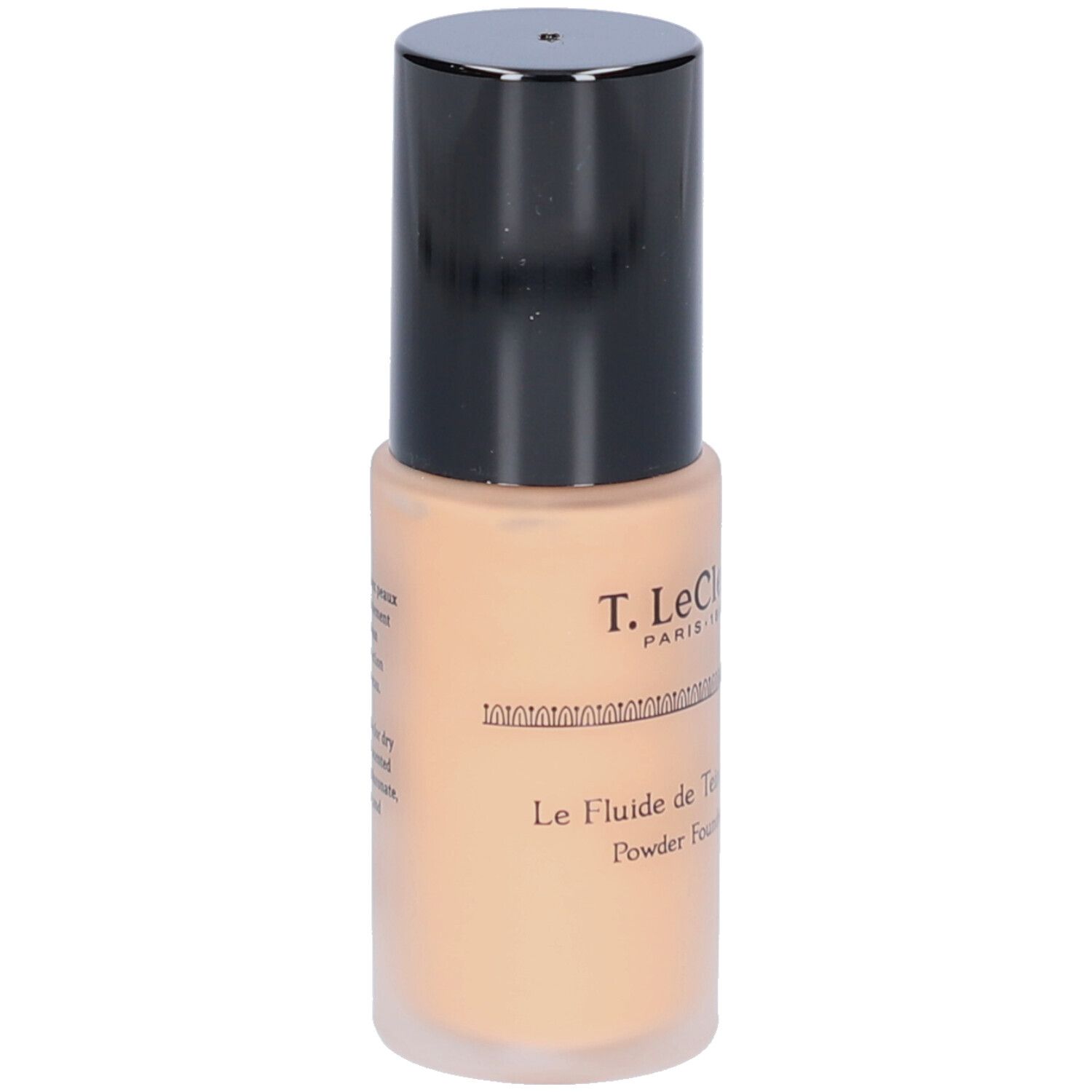 Beige Flüssig-Foundation-Flasche mit schwarzem Deckel. Aufschrift: T.LeClerc. Text auf Französisch.