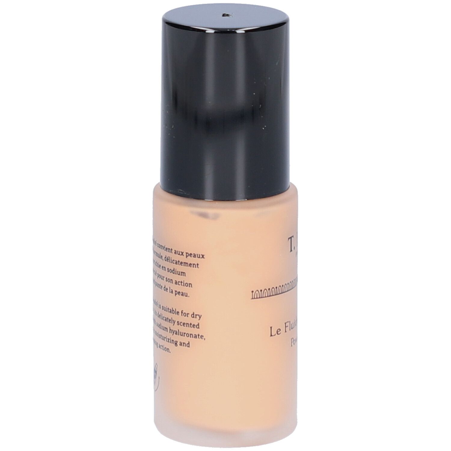 Beige Flüssig-Foundation-Flasche mit schwarzem Deckel. Aufschrift: T.LeClerc. Text auf Französisch.