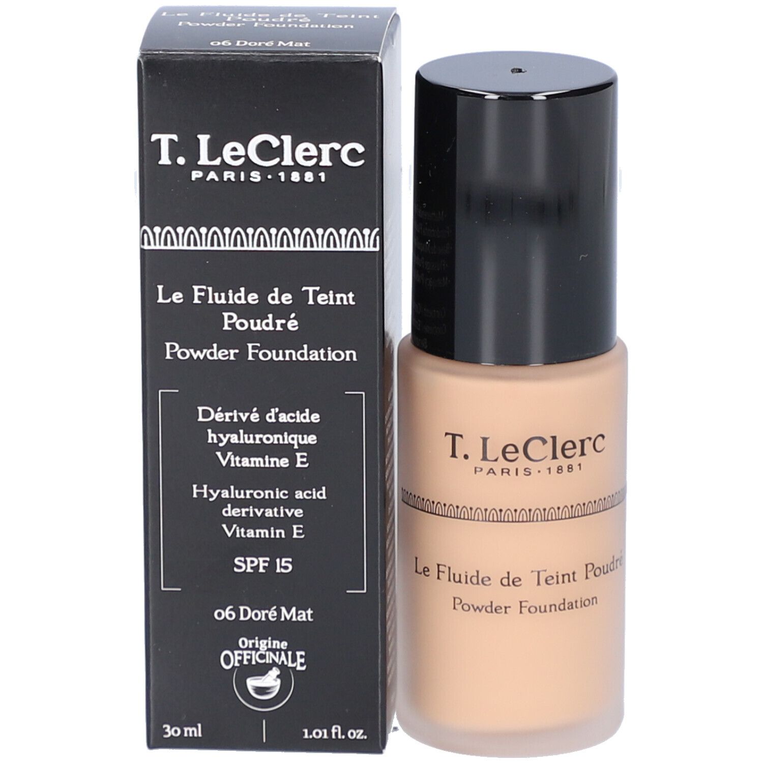 Foundation-Flasche und Schachtel. Aufschrift: T.LeClerc. Text: Le Fluide de Teint Poudré. SPF 15. 06 Doré Mat.