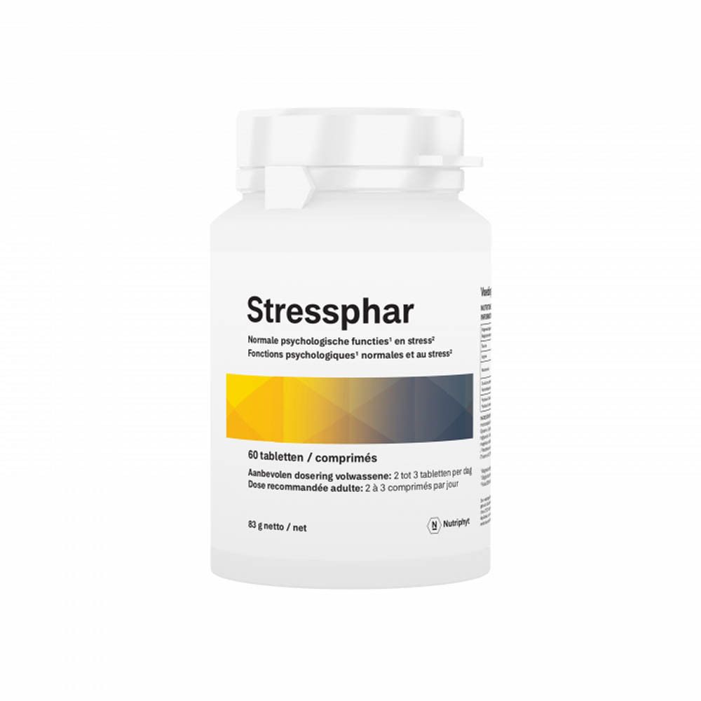 Flacon de comprimés blanc avec "Stressphar" imprimé. Inscriptions multilingues. Contient 60 comprimés. Le logo NutriPhyl est visible sur le flacon.