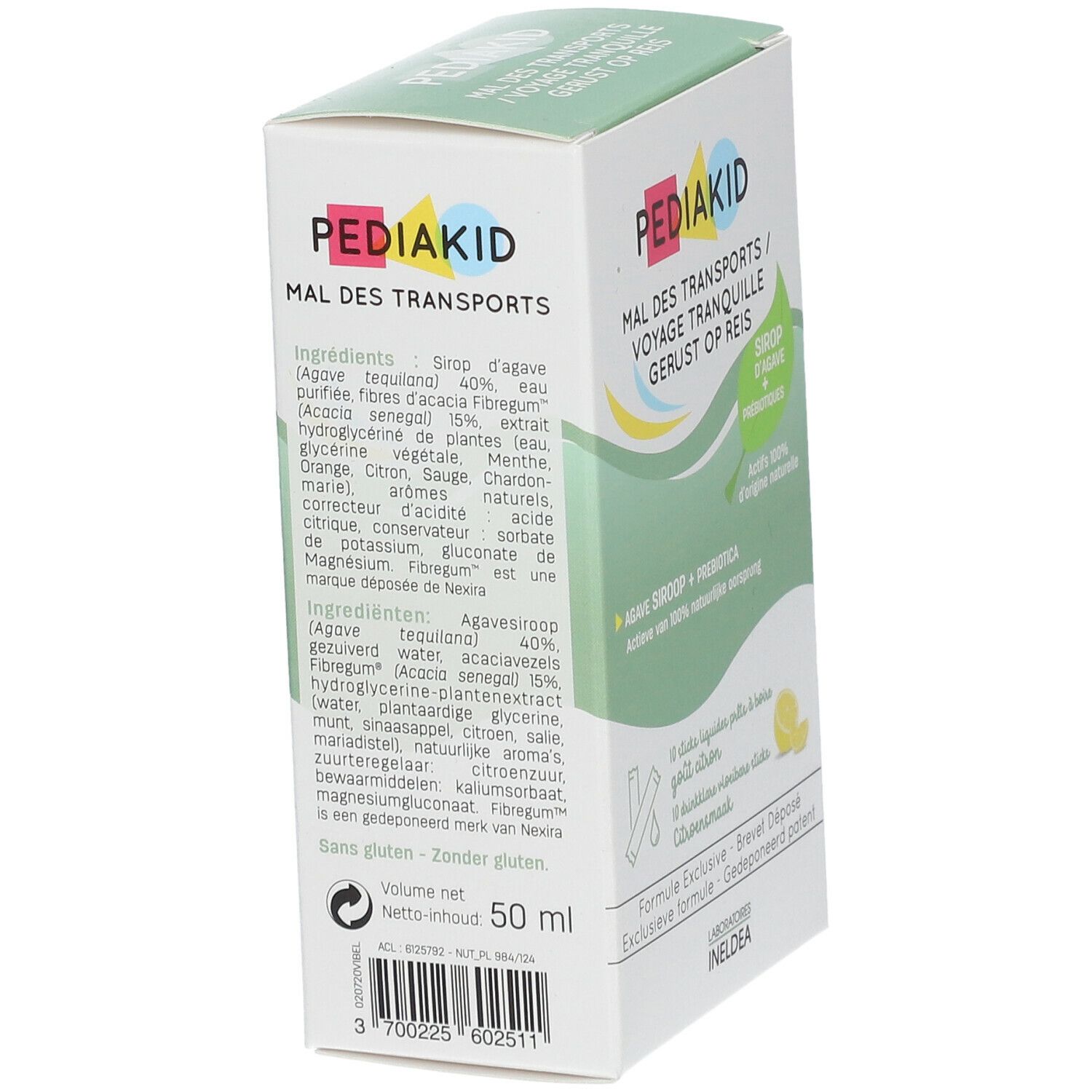 Boîte Pediakid, vue latérale. Texte: Mal des transports, ingrédients, sirop d'agave, Fibregum, sans gluten, 50 ml.
