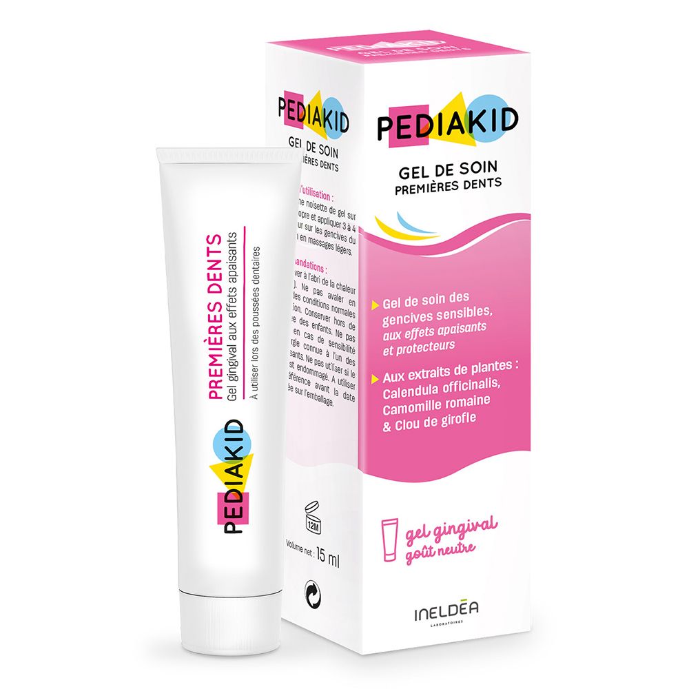 Tube en verpakking. Opschrift: PEDIAKID, Gel de soin premières dents. Bevat extracten van calendula, kamille en kruidnagel.