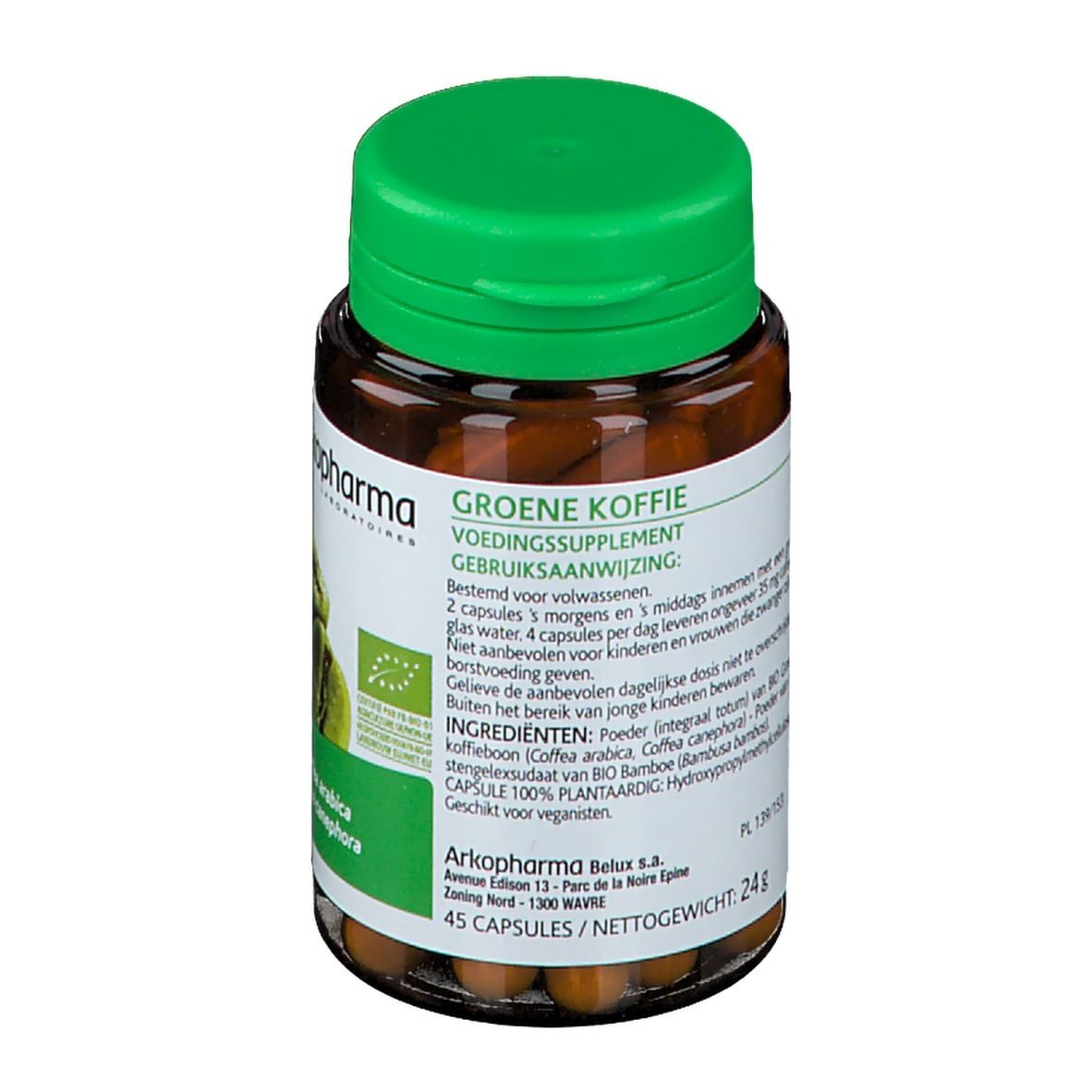 Bruine capsules in een bruine fles met groene dop. Etiket met "ArkoPharma" en "Groene Koffie". Bio-label.