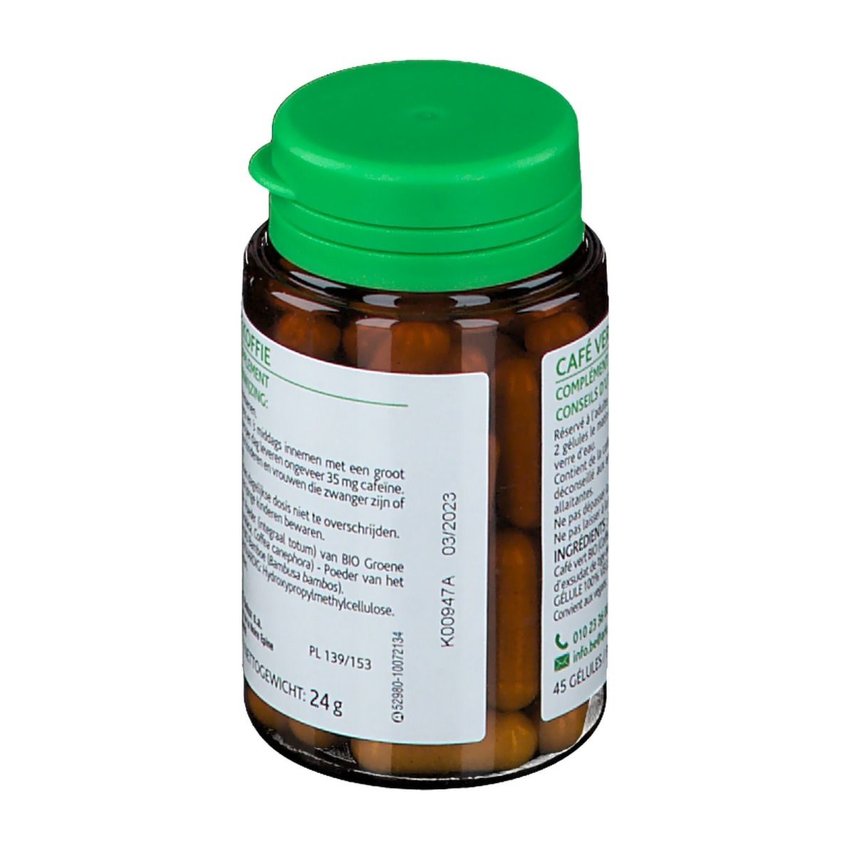 Bruine capsules in een bruine fles met groene dop. Etiket met "Café Vert" en "45 gélules". Houdbaarheidsdatum.