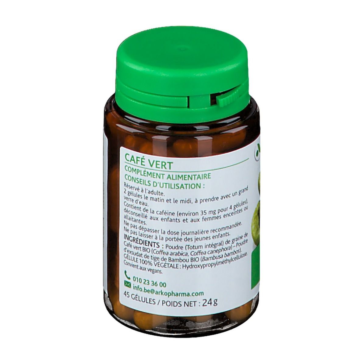 Bruine capsules in een bruine fles met groene dop. Etiket met "Café Vert" en "45 gélules". Ingrediënten en advies.